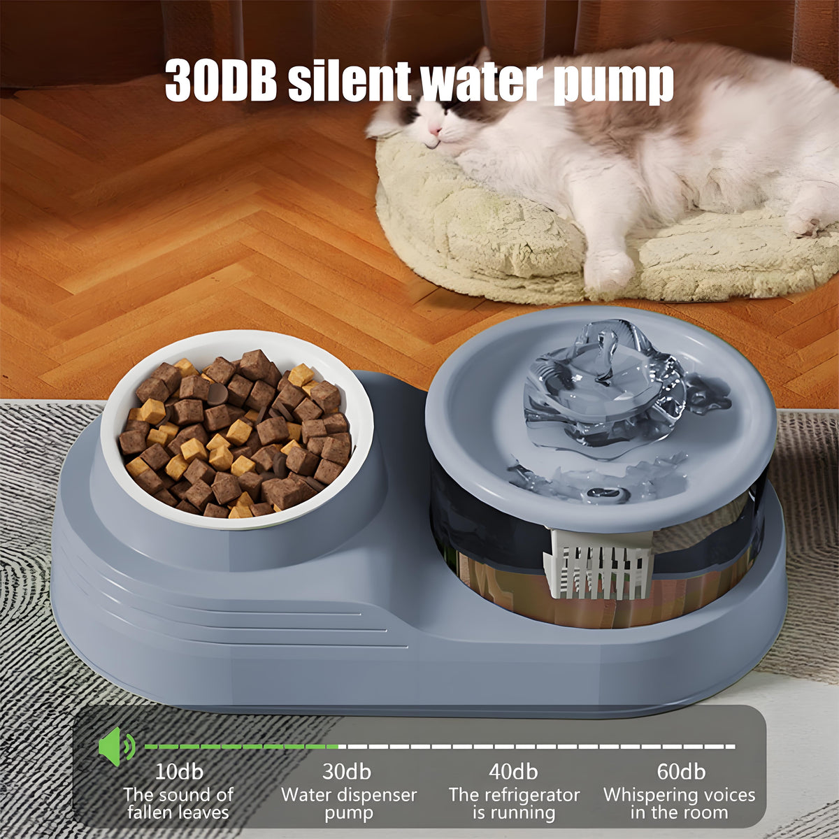 Rywell Automatic Cat Water Fountain with Food Bowl, 2-in-1 Pet Feeder and Water Dispenser, Splash-Free Anti-Slip Cat Drinking Fountain for Cats & Small Dogs