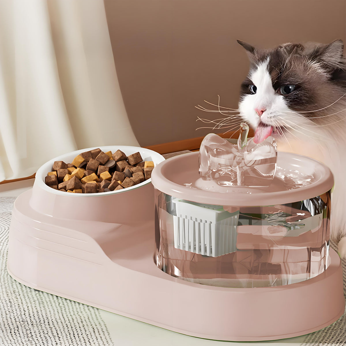 Rywell Automatic Cat Water Fountain with Food Bowl, 2-in-1 Pet Feeder and Water Dispenser, Splash-Free Anti-Slip Cat Drinking Fountain for Cats & Small Dogs