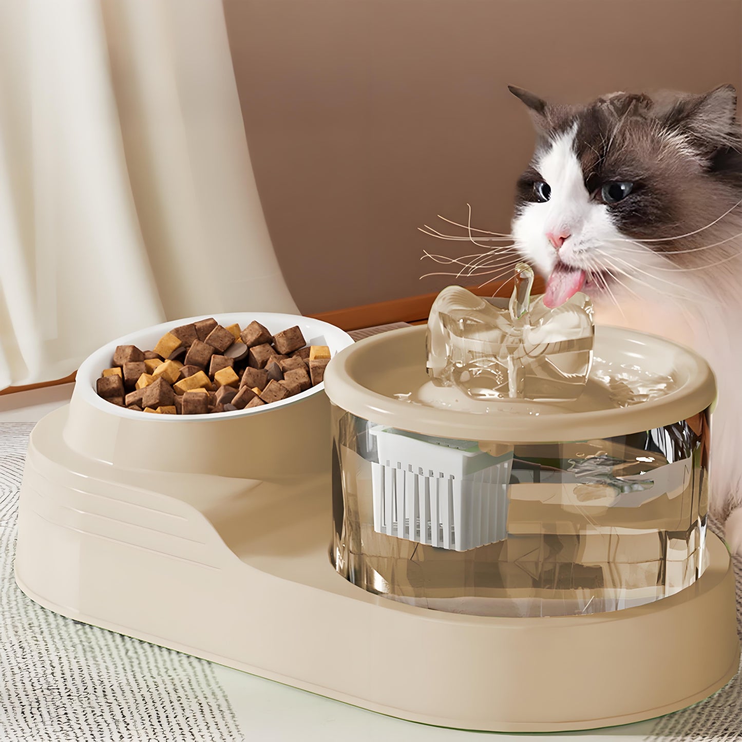 Rywell Automatic Cat Water Fountain with Food Bowl, 2-in-1 Pet Feeder and Water Dispenser, Splash-Free Anti-Slip Cat Drinking Fountain for Cats & Small Dogs