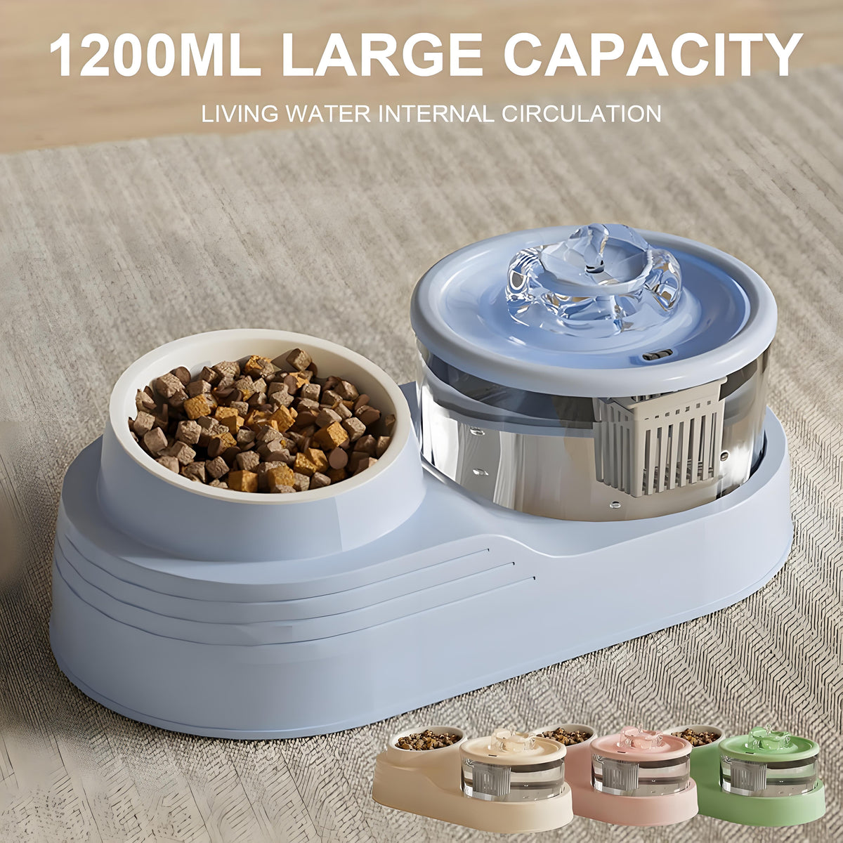 Rywell Automatic Cat Water Fountain with Food Bowl, 2-in-1 Pet Feeder and Water Dispenser, Splash-Free Anti-Slip Cat Drinking Fountain for Cats & Small Dogs