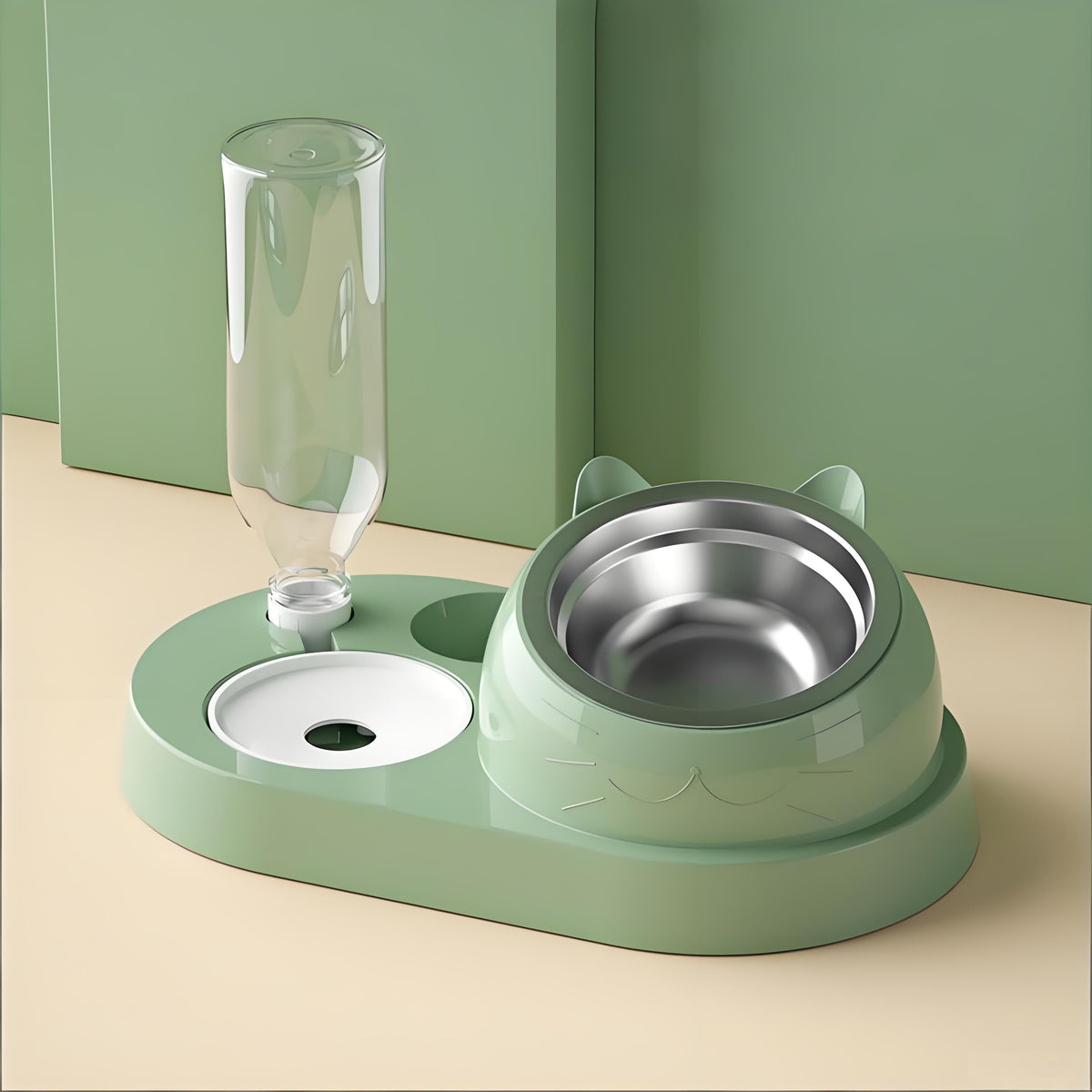 Rywell 2-in-1 Raised Cat Bowl Set with Gravity Water Dispenser, 15° Tilted Elevated Pet Feeder for Cats & Dogs, Anti-Spill Neck Protection Feeding Station