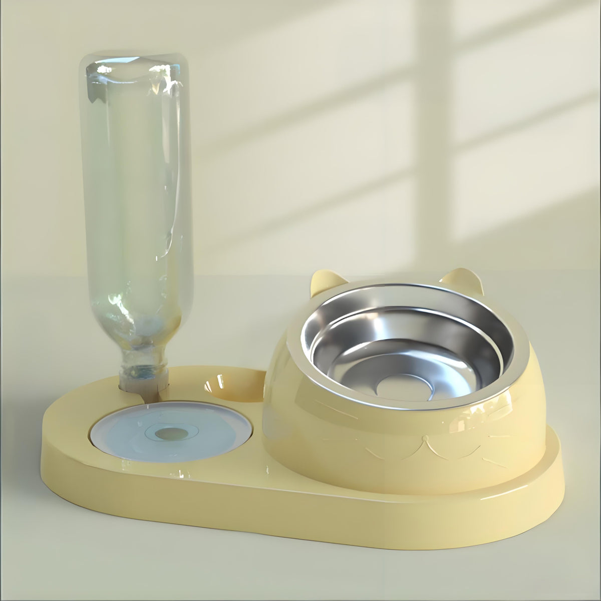 Rywell 2-in-1 Raised Cat Bowl Set with Gravity Water Dispenser, 15° Tilted Elevated Pet Feeder for Cats & Dogs, Anti-Spill Neck Protection Feeding Station