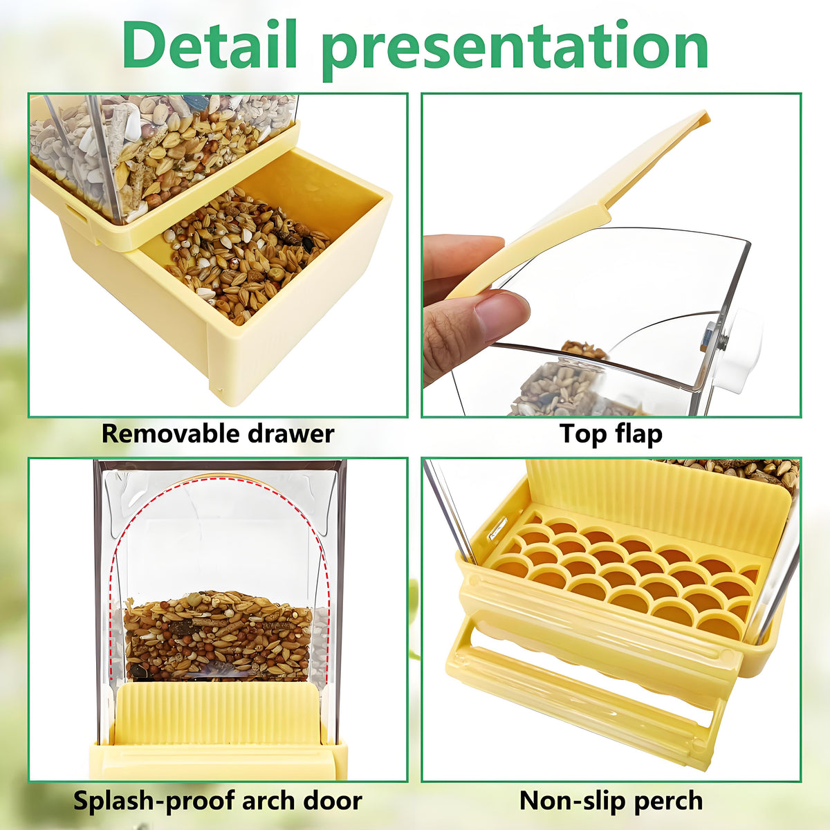 Rywell Automatic No Mess Bird Feeder with Perch – Acrylic Bird Cage Seed Food Container for Parakeets, Budgies, Finches, Lovebirds & Canaries
