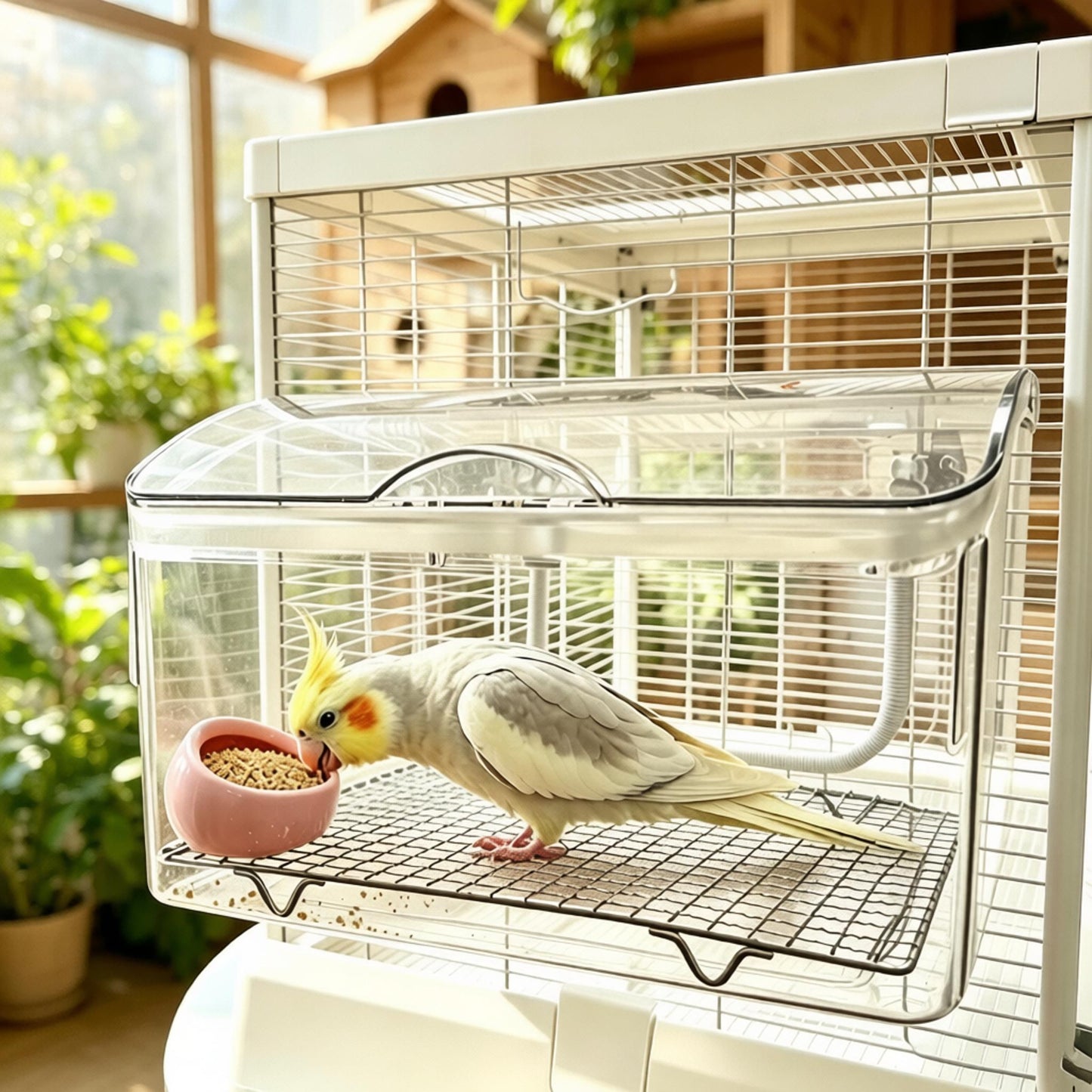 Rywell Transparent Acrylic Bird Cage – Portable Bird Travel Carrier with Handle, 2-in-1 Hanging Bird Bath & External No-Mess Feeder for Parrots, Budgies, Cockatiels, Lovebirds, Conures, Finches & Canaries