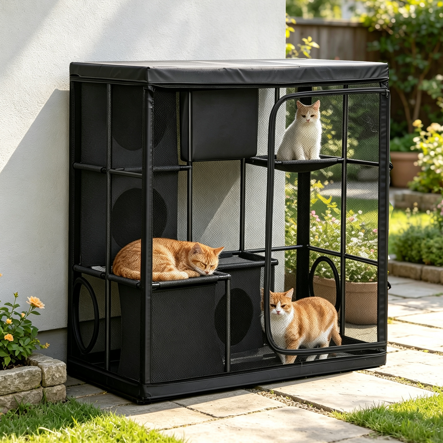 Rywell Extra Large Outdoor Catio, 3-Tier Cat Enclosure for Multiple Cats, Weatherproof Portable Cat Playpen with Reinforced PVC Frame, Hammock & Tunnel Port