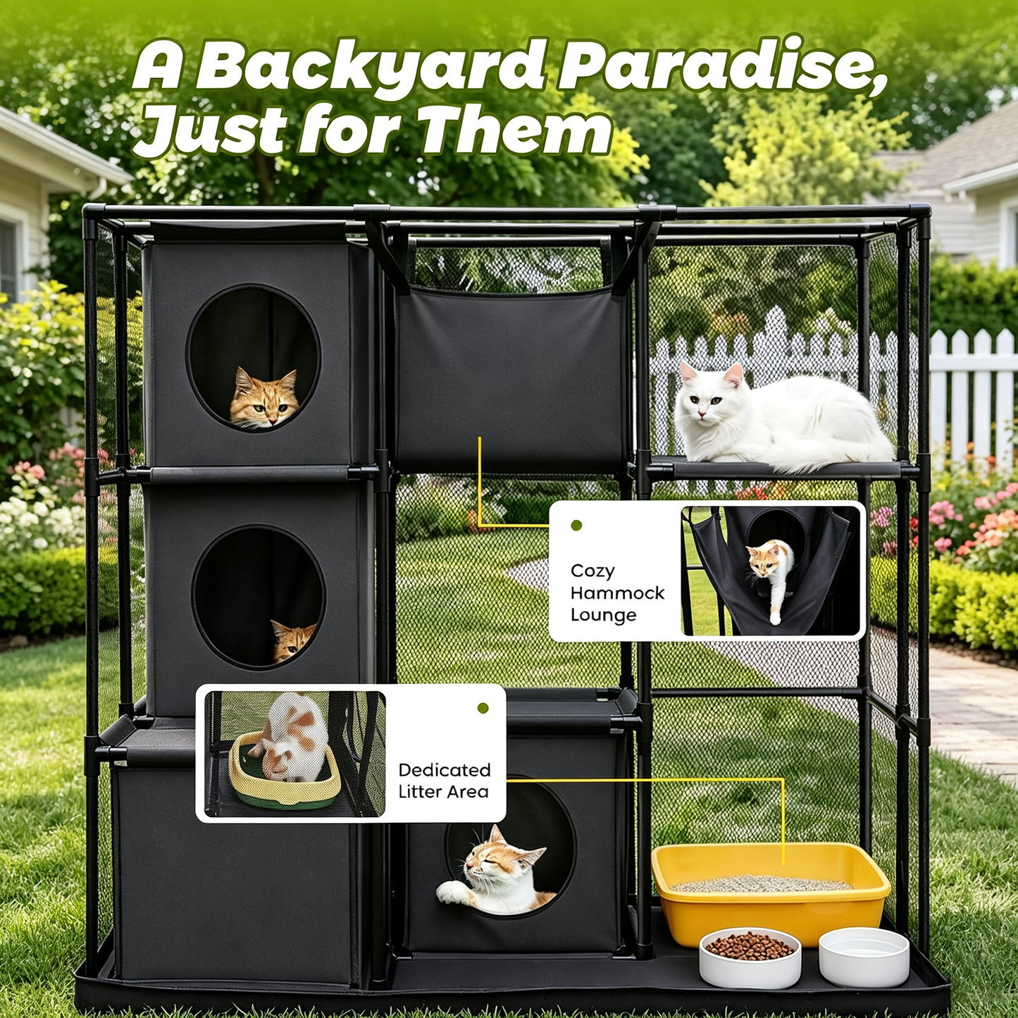 Rywell Extra Large Outdoor Catio, 3-Tier Cat Enclosure for Multiple Cats, Weatherproof Portable Cat Playpen with Reinforced PVC Frame, Hammock & Tunnel Port