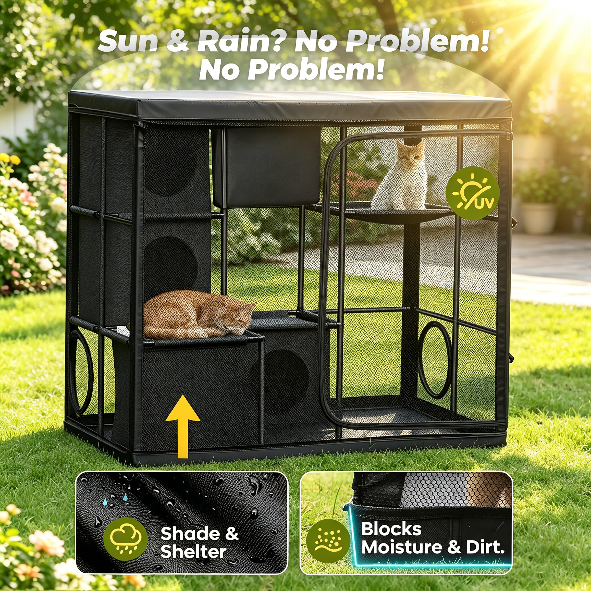 Rywell Extra Large Outdoor Catio, 3-Tier Cat Enclosure for Multiple Cats, Weatherproof Portable Cat Playpen with Reinforced PVC Frame, Hammock & Tunnel Port