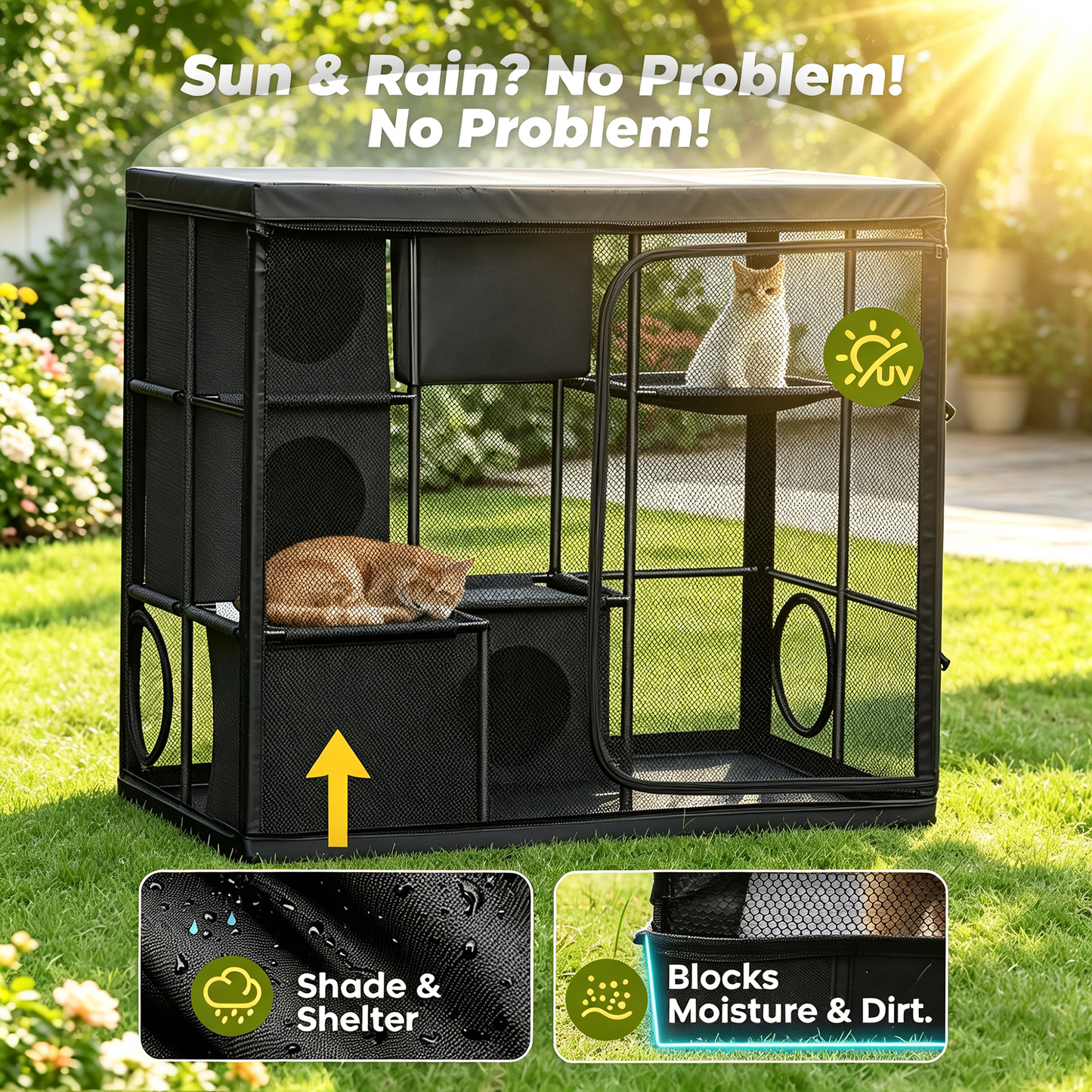 Rywell Extra Large Outdoor Catio, 3-Tier Cat Enclosure for Multiple Cats, Weatherproof Portable Cat Playpen with Reinforced PVC Frame, Hammock & Tunnel Port