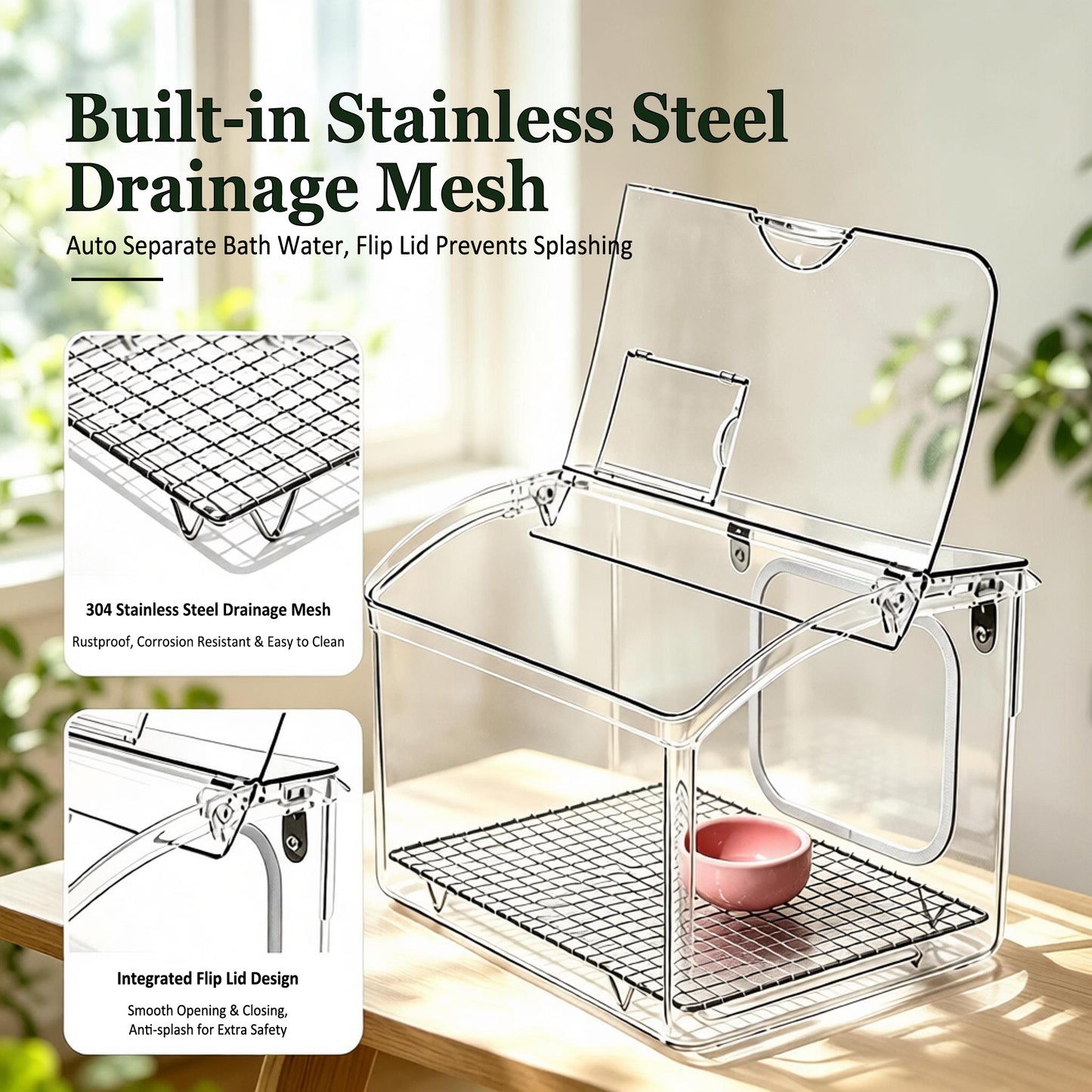 Rywell Transparent Acrylic Bird Cage – Portable Bird Travel Carrier with Handle, 2-in-1 Hanging Bird Bath & External No-Mess Feeder for Parrots, Budgies, Cockatiels, Lovebirds, Conures, Finches & Canaries