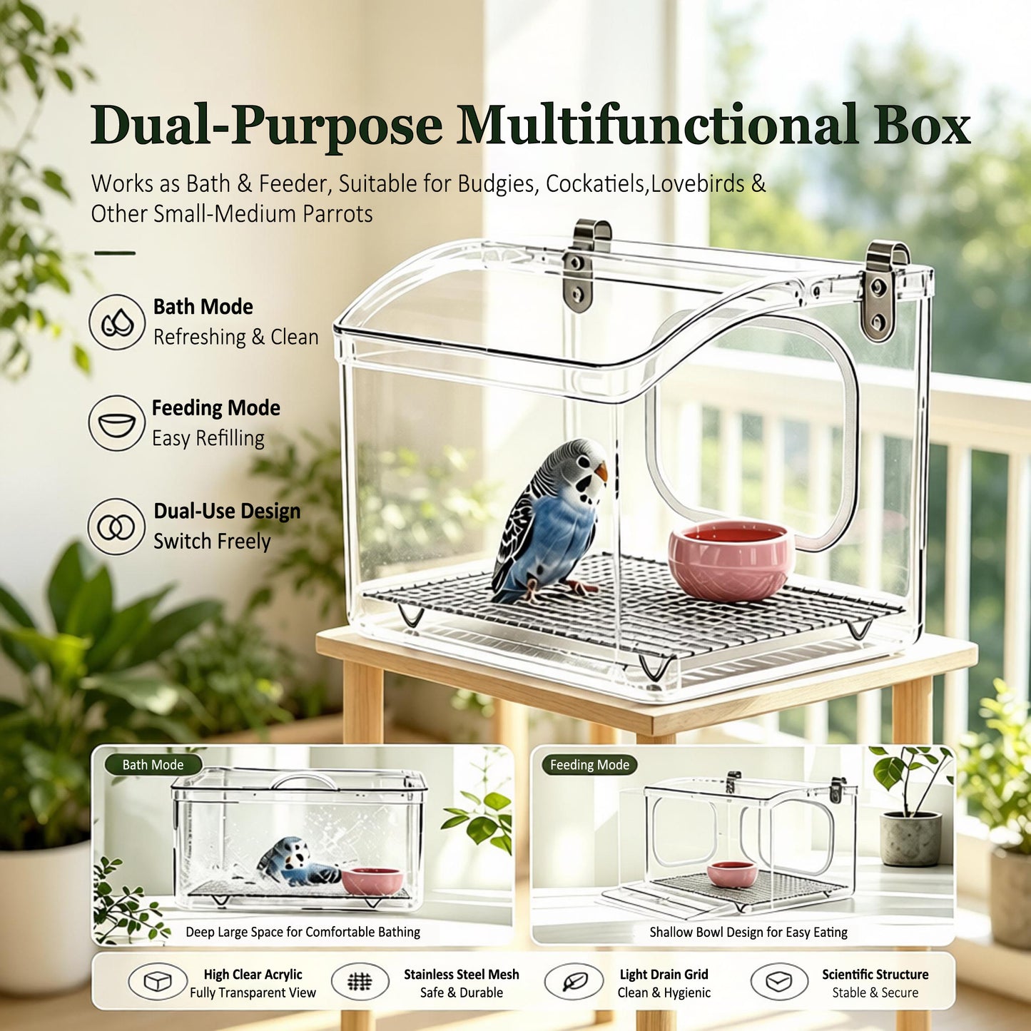 Rywell Transparent Acrylic Bird Cage – Portable Bird Travel Carrier with Handle, 2-in-1 Hanging Bird Bath & External No-Mess Feeder for Parrots, Budgies, Cockatiels, Lovebirds, Conures, Finches & Canaries