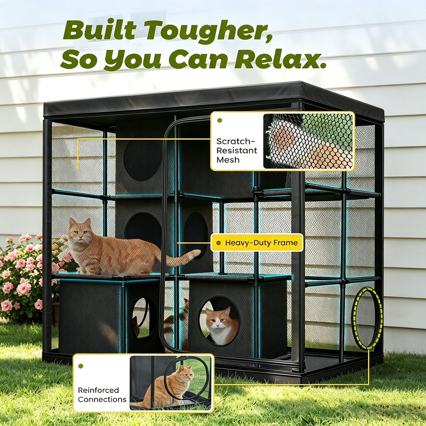 Rywell Extra Large Outdoor Catio, 3-Tier Cat Enclosure for Multiple Cats, Weatherproof Portable Cat Playpen with Reinforced PVC Frame, Hammock & Tunnel Port