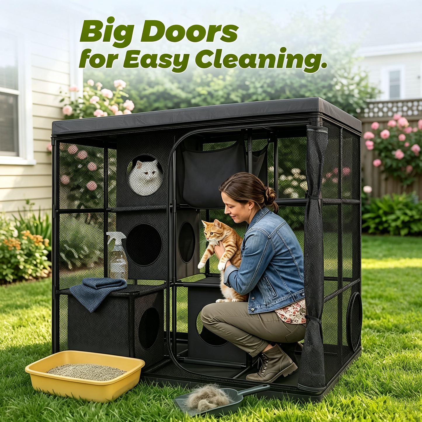 Rywell Extra Large Outdoor Catio, 3-Tier Cat Enclosure for Multiple Cats, Weatherproof Portable Cat Playpen with Reinforced PVC Frame, Hammock & Tunnel Port