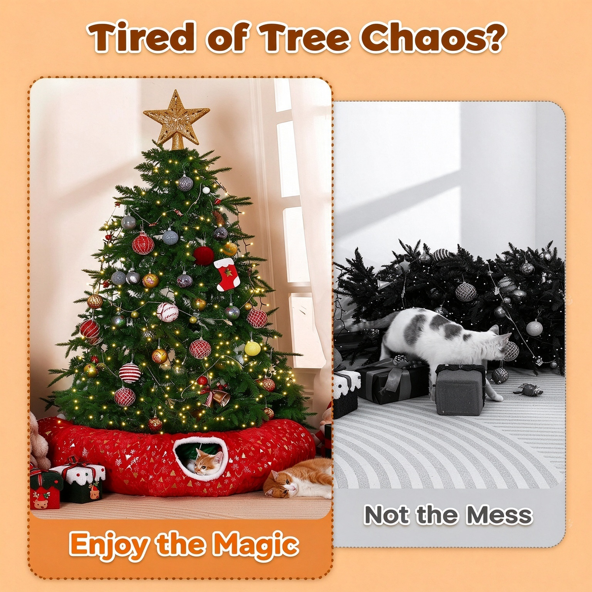 Gonna per albero di Natale Rywell 3 in 1, tunnel per gatti in peluche morbido per gatti da interno che giocano, riposano e si nascondono, tunnel pieghevole per gatti con cuscino accogliente e palline giocattolo, perfetto per decorare l'albero di Natale