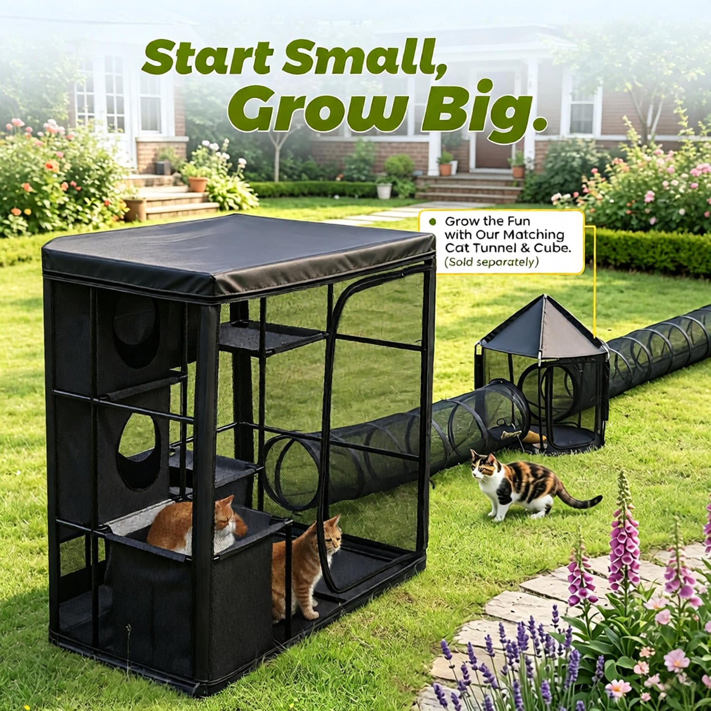 Rywell Extra Large Outdoor Catio, 3-Tier Cat Enclosure for Multiple Cats, Weatherproof Portable Cat Playpen with Reinforced PVC Frame, Hammock & Tunnel Port