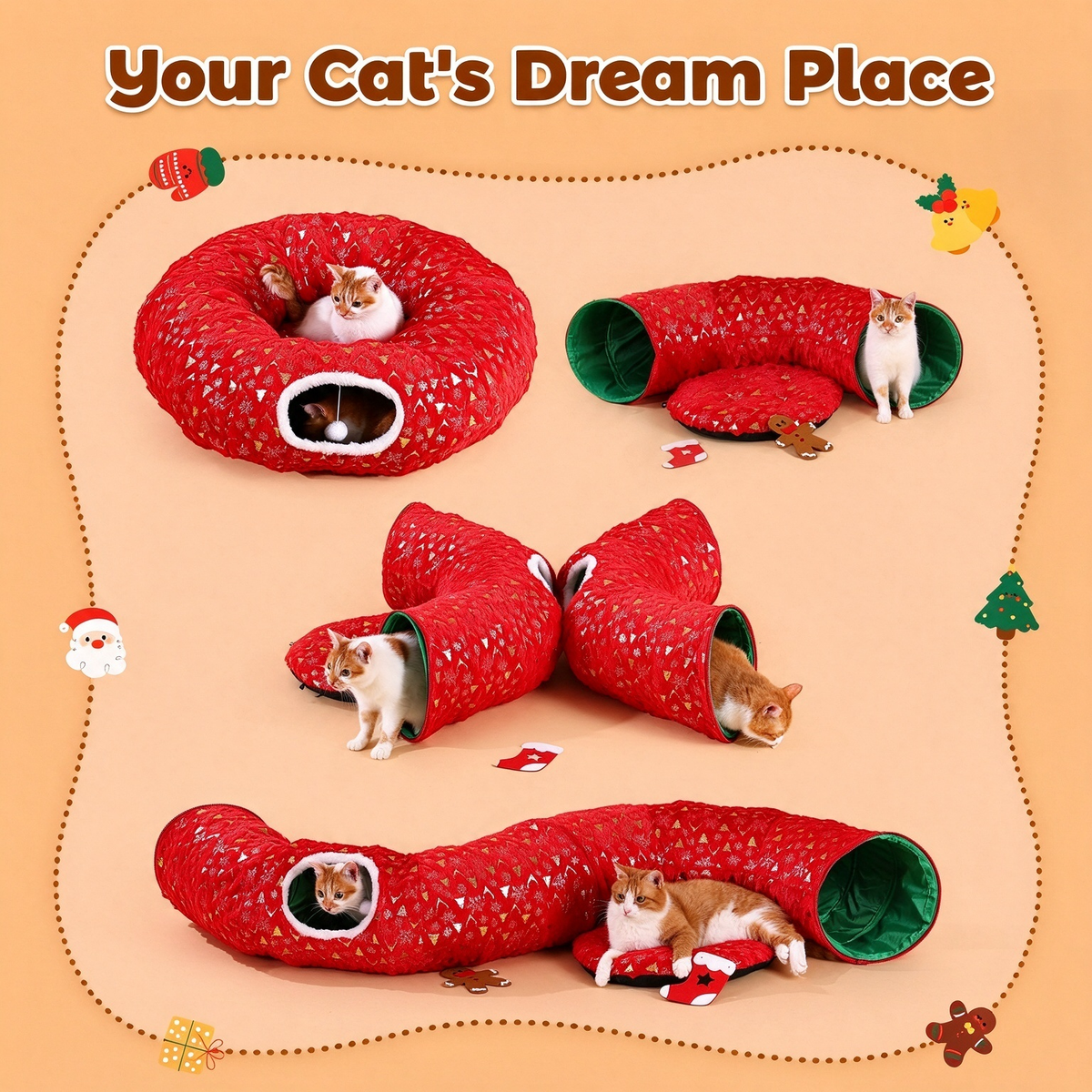 Gonna per albero di Natale Rywell 3 in 1, tunnel per gatti in peluche morbido per gatti da interno che giocano, riposano e si nascondono, tunnel pieghevole per gatti con cuscino accogliente e palline giocattolo, perfetto per decorare l'albero di Natale
