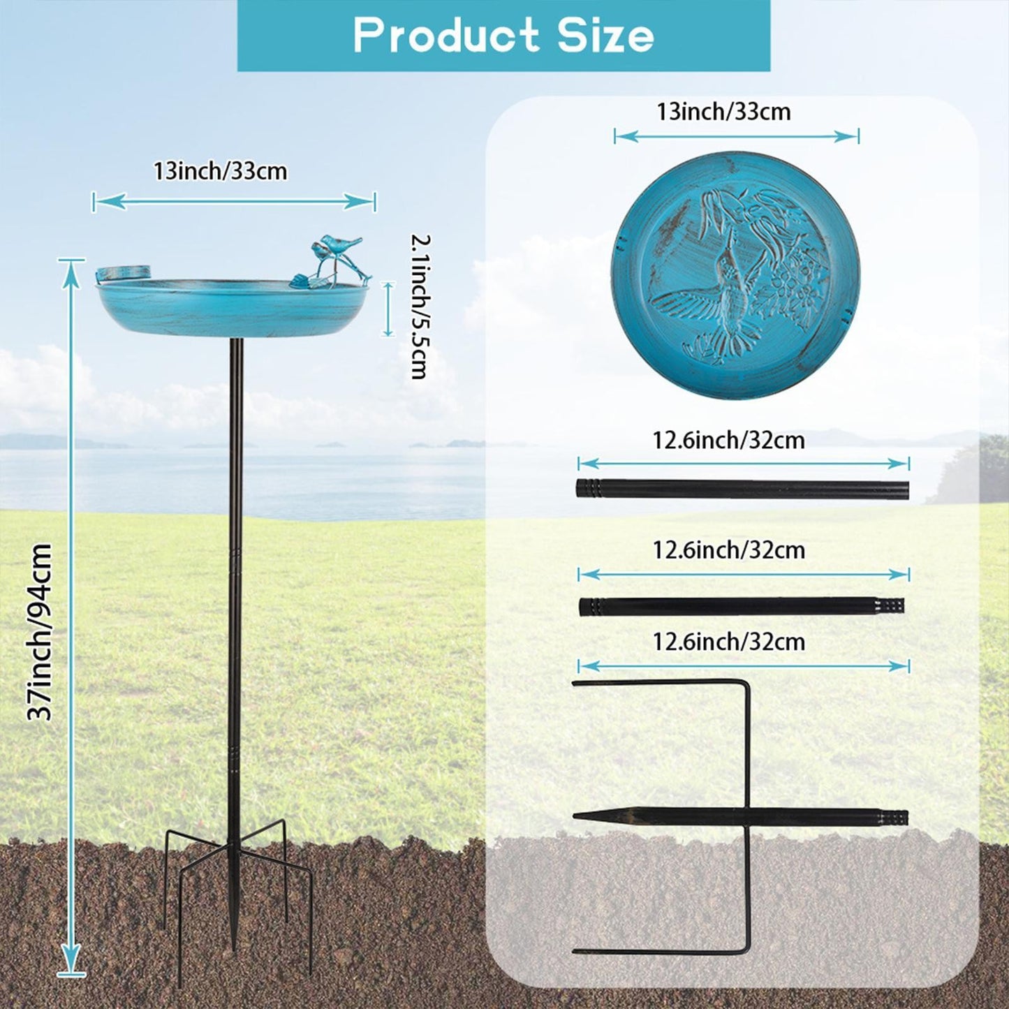 Rywell Outdoor Iron Art Birdbath Bird Feeder Bowl Simple Assembly Strong Load Bearing