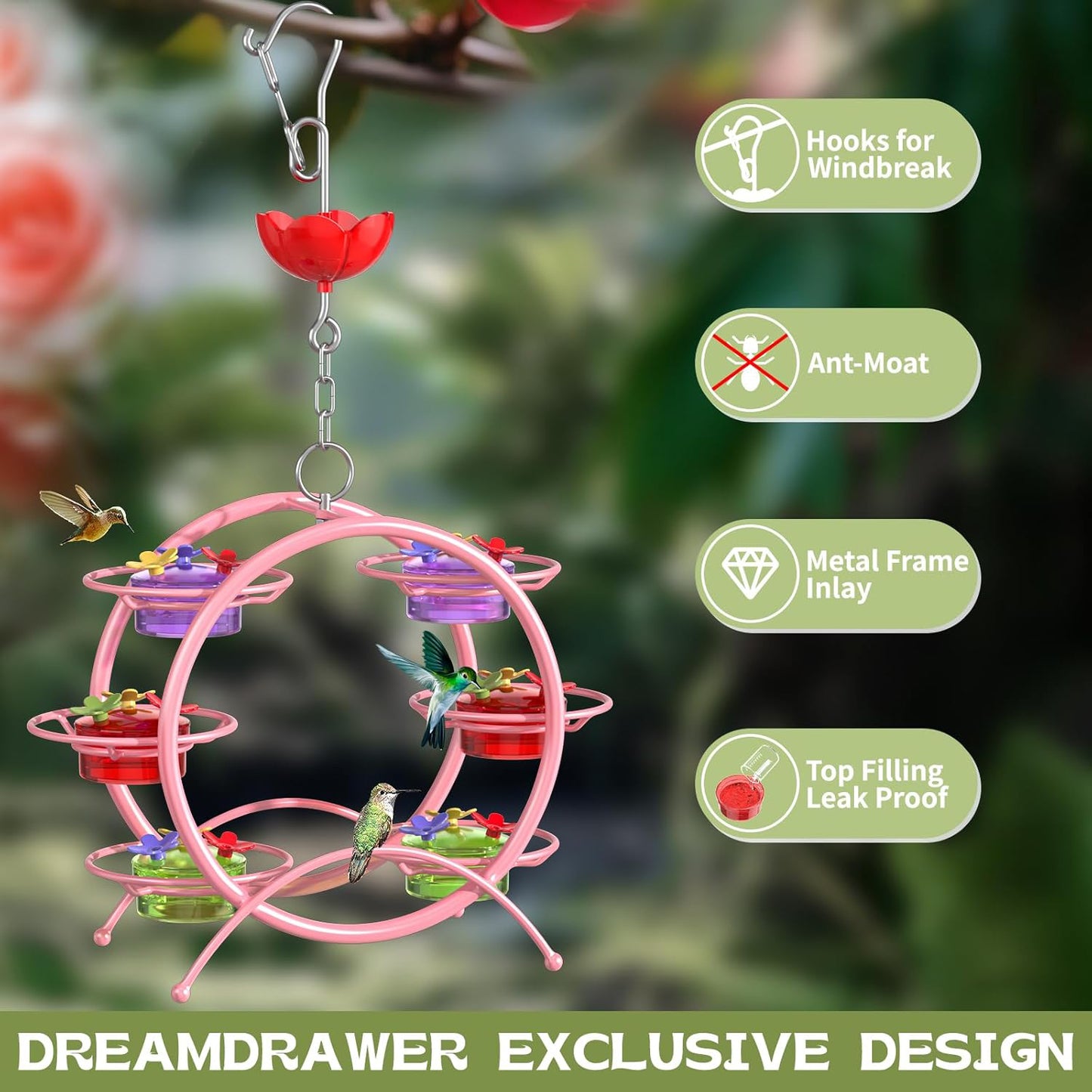 Rywell Hummingbird Feeders for Outdoors - Multi-Ports, Top Filling Ant & Bee, Garden Decor