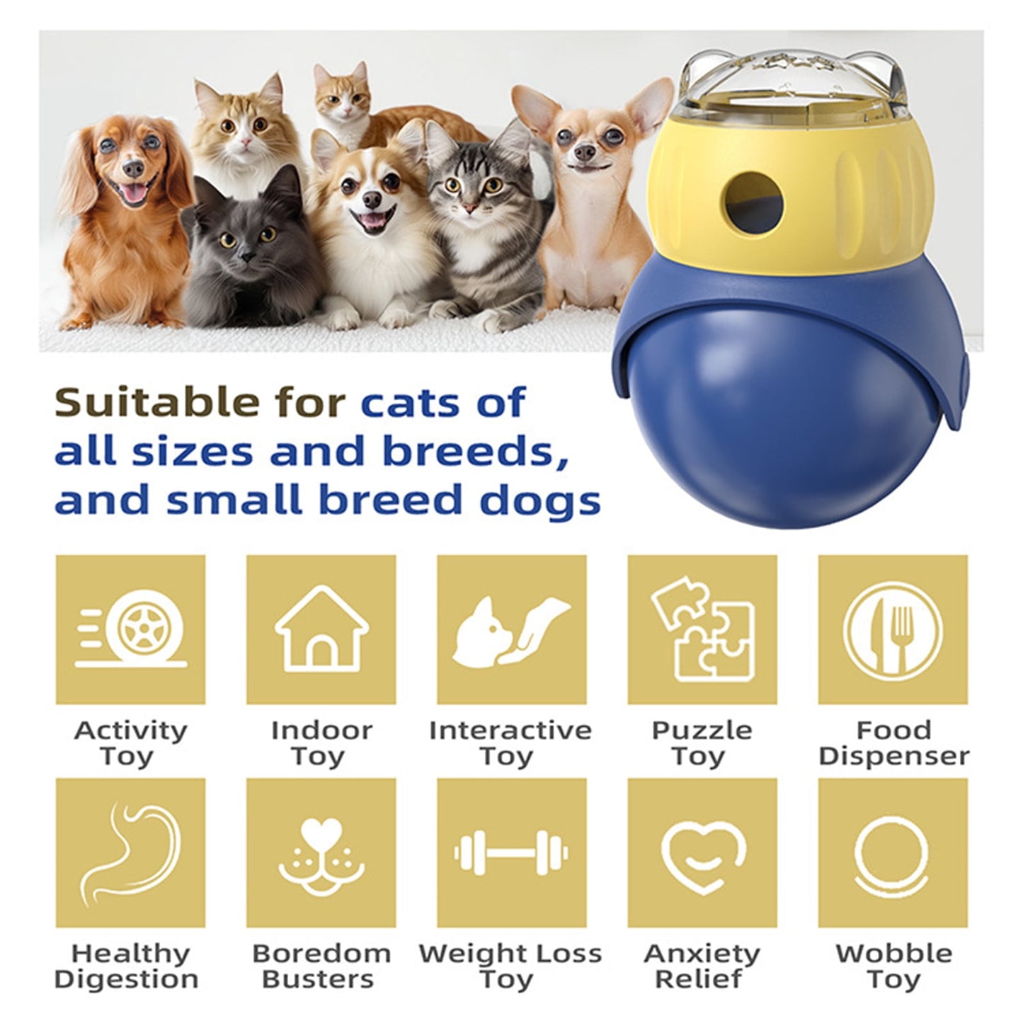 Rywell Cat Puzzle Ball for Cat&Mini Dogs Adjustable No-Tip Treat Dispensing Toys Food Dispenser Balls Cognitive Enrichment Toy Slow Feeding Interactive Mind Stimulating Game