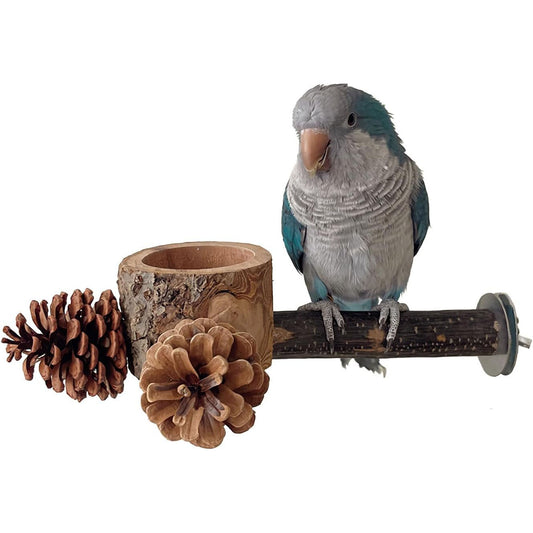 Rywell Bird Perch with Safe Bowl & Pinecones — 100% Natural Wooden Chew Toy for Cockatiels, Conures, Budgies, Lovebirds & Parakeets, Foraging & Oral Health Birdcage Accessory