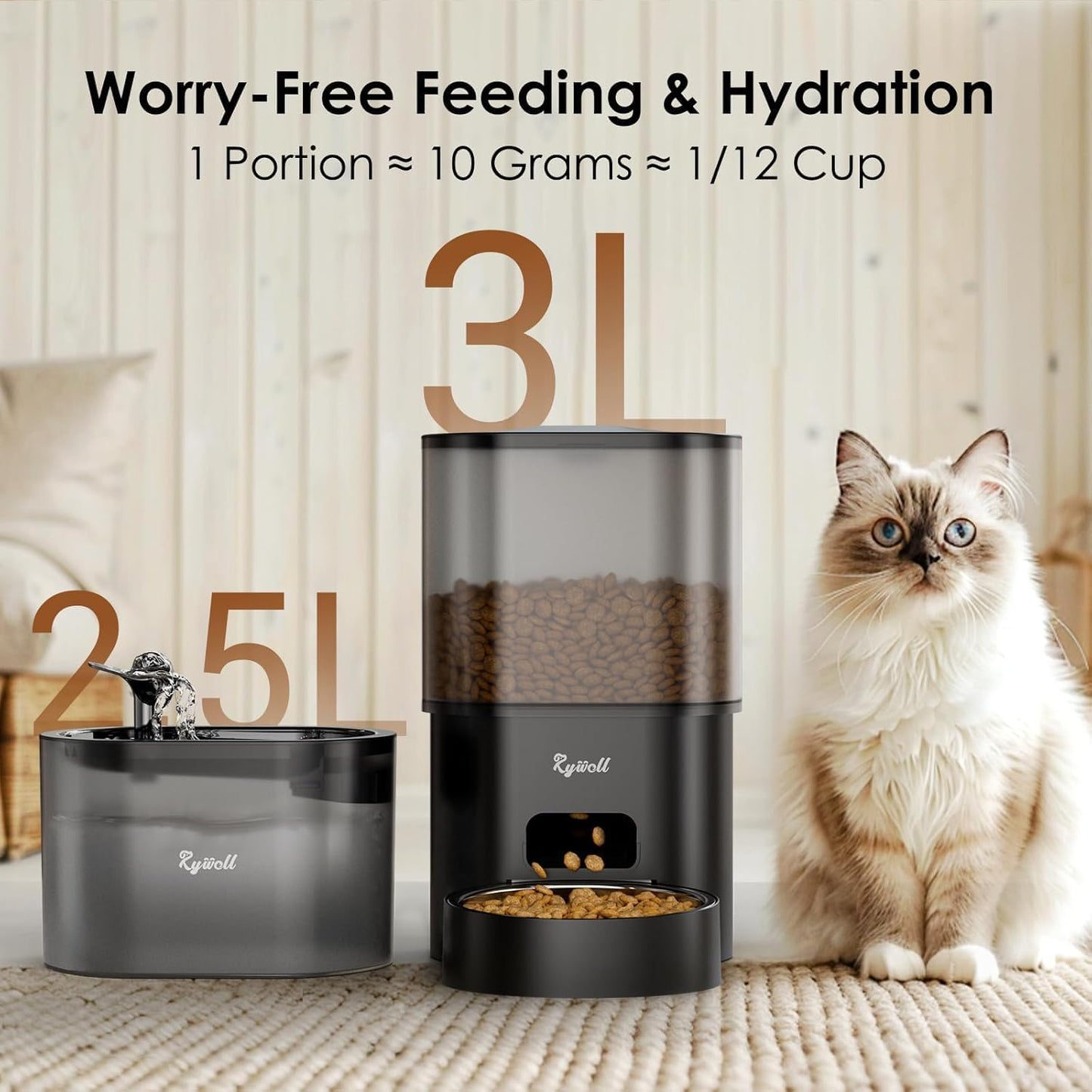 Rywell Automatic Cat Feeder with Water Dispenser, 2.4G WiFi Timed Food Dispenser with Portion Control, 2-In-1 Feeding Set for Cats & Small Dogs, Wire or Battery Powered
