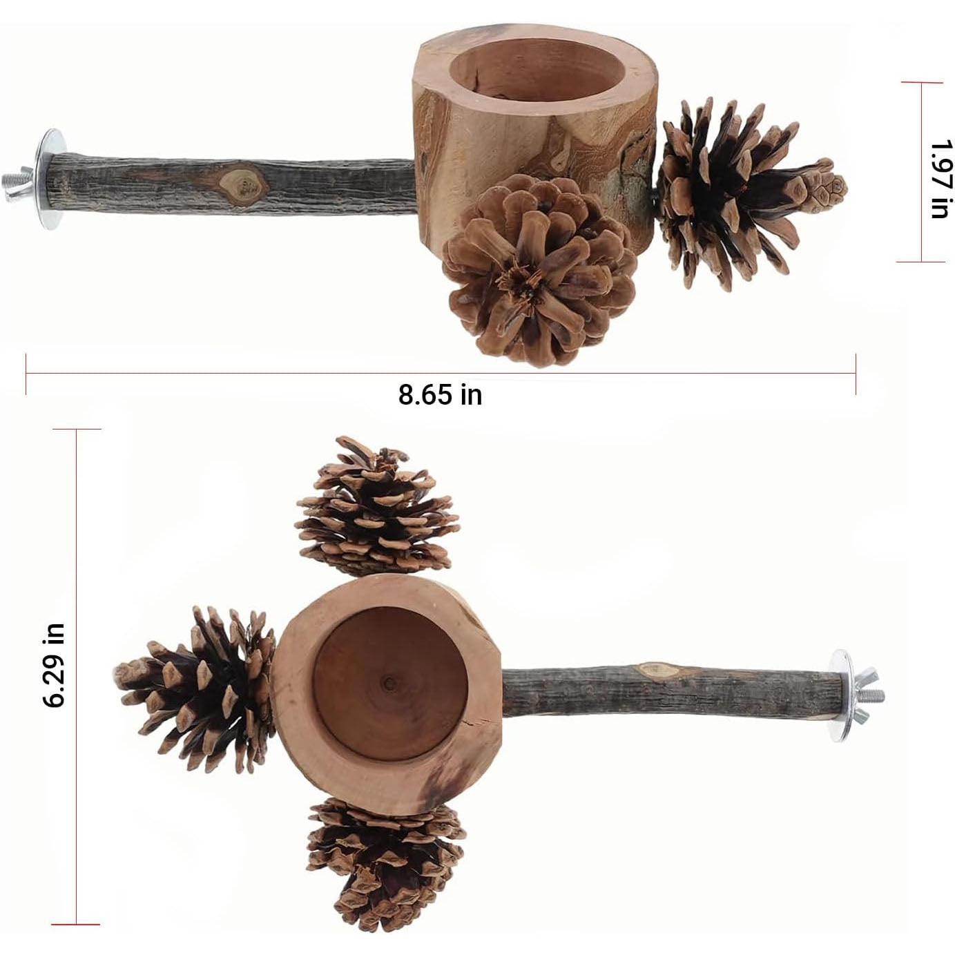 Rywell Bird Perch with Safe Bowl & Pinecones — 100% Natural Wooden Chew Toy for Cockatiels, Conures, Budgies, Lovebirds & Parakeets, Foraging & Oral Health Birdcage Accessory