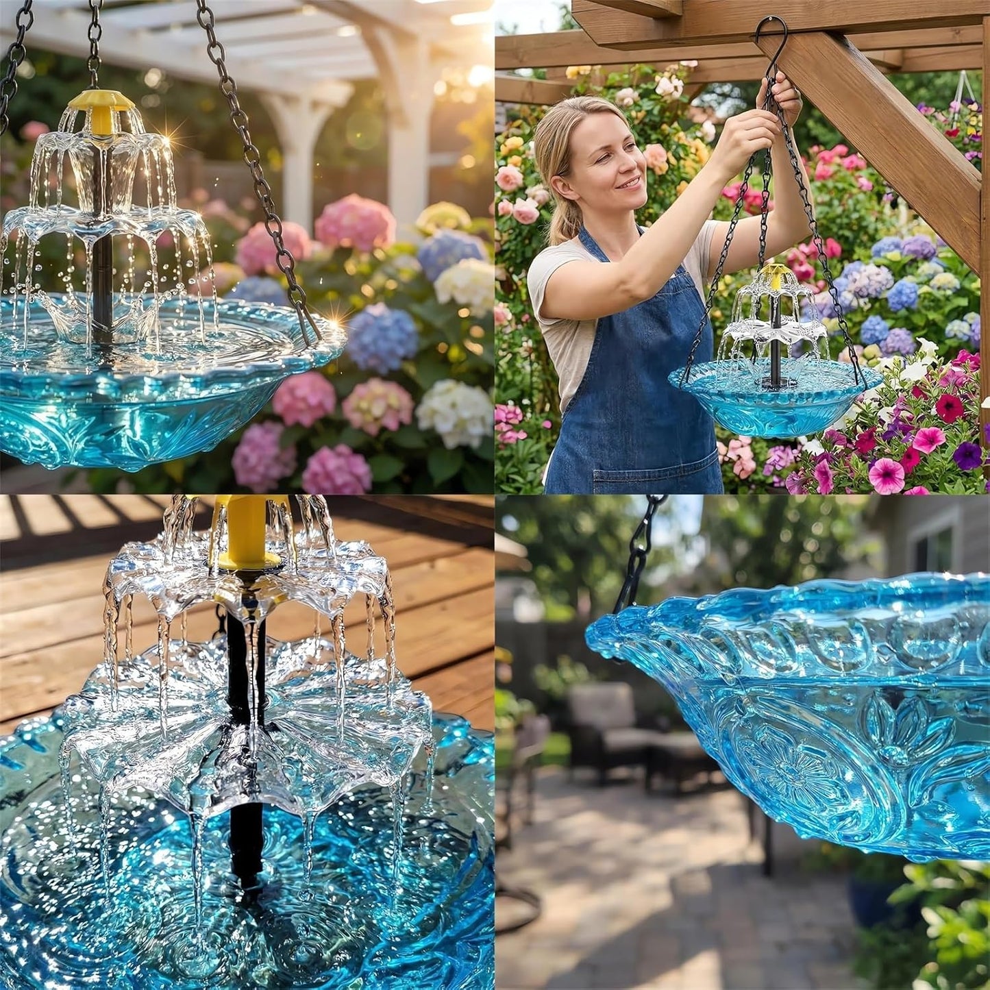 Rywell Solar Hanging Bird Bath Fountain – Outdoor Birdbath with Solar Pump Cascade for Garden, Patio & Backyard Decor