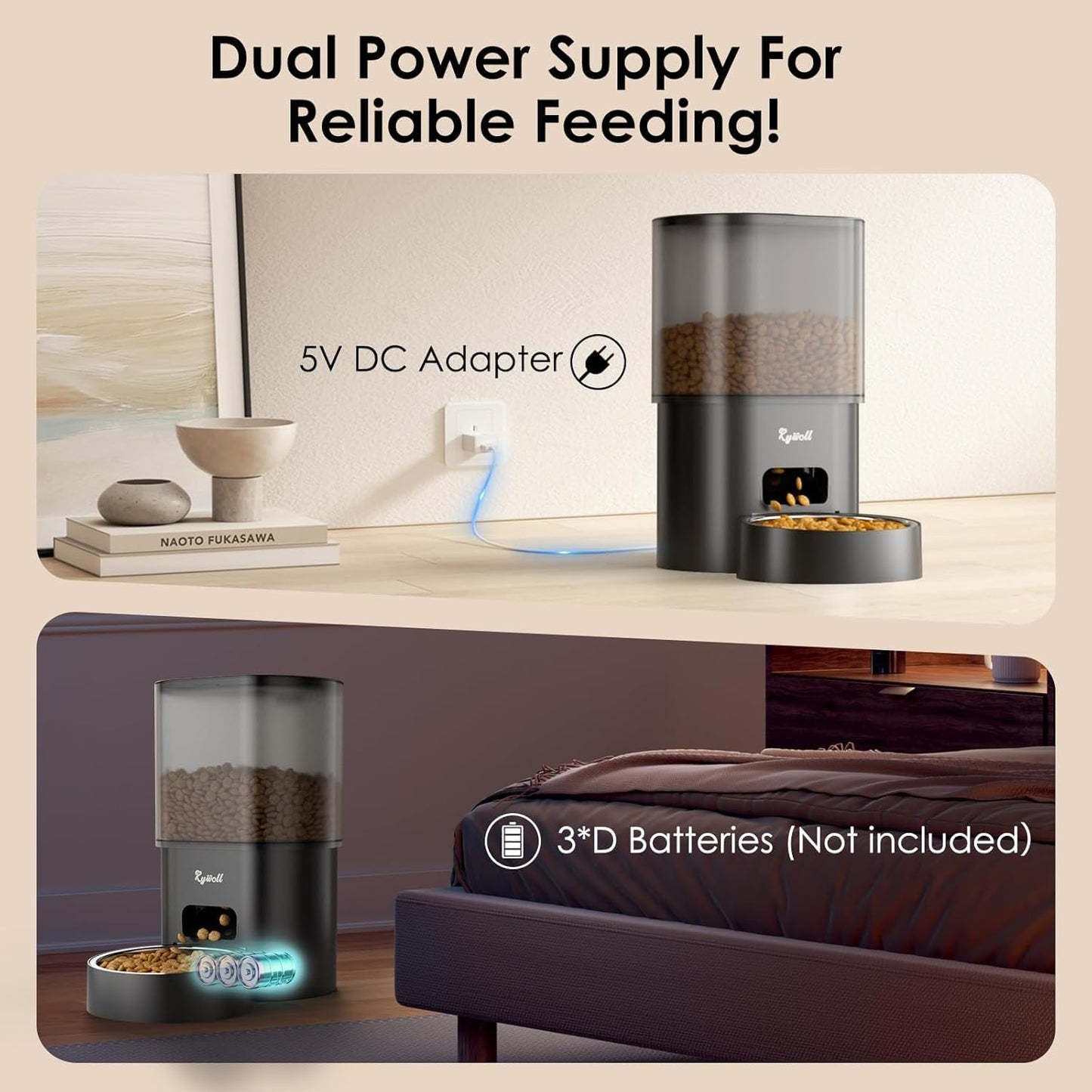 Rywell Automatic Cat Feeder with Water Dispenser, 2.4G WiFi Timed Food Dispenser with Portion Control, 2-In-1 Feeding Set for Cats & Small Dogs, Wire or Battery Powered