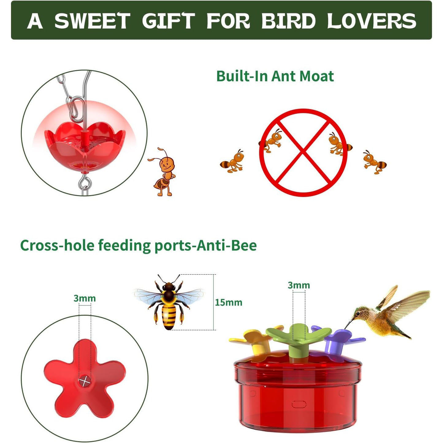 Rywell Hummingbird Feeders for Outdoors - Multi-Ports, Top Filling Ant & Bee, Garden Decor