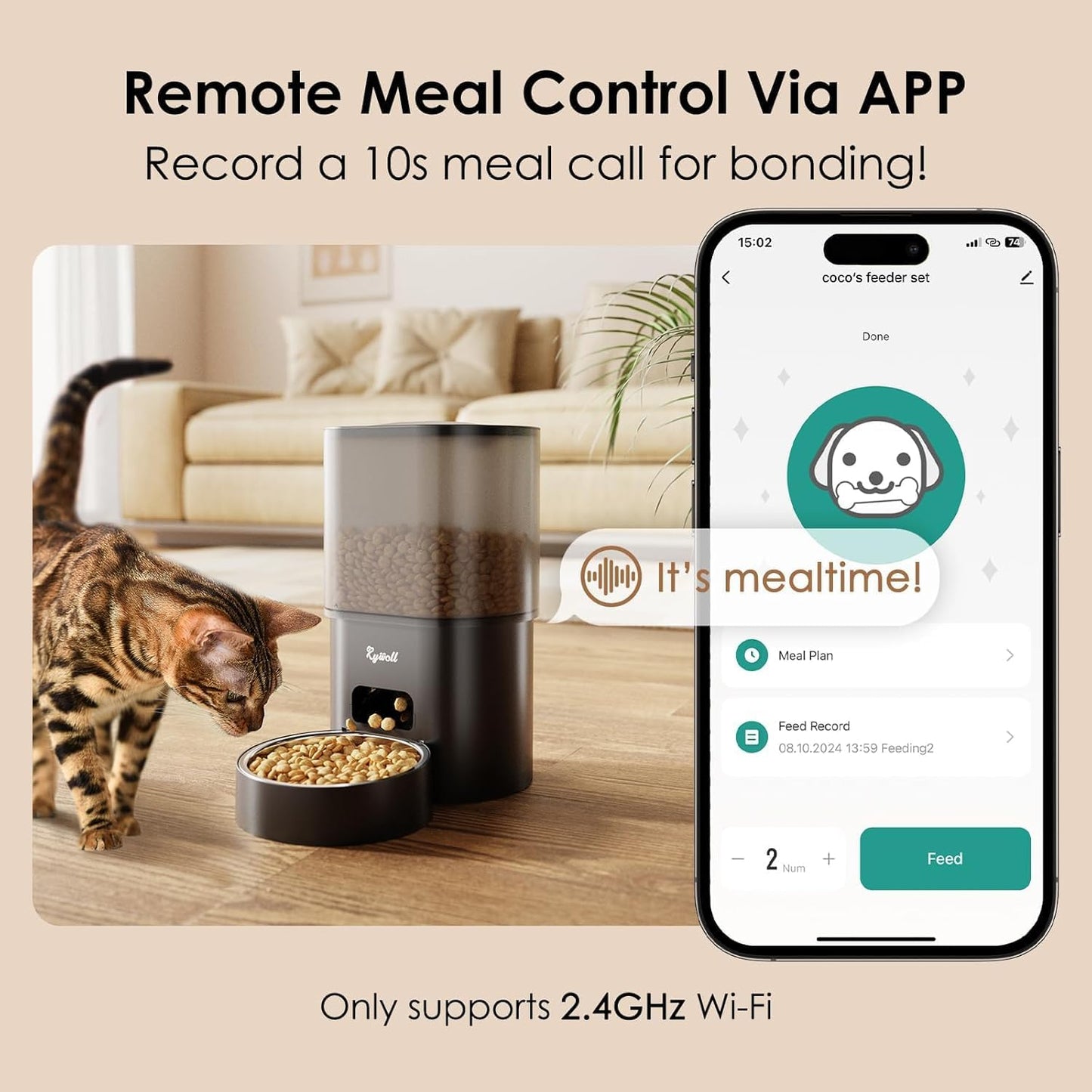 Rywell Automatic Cat Feeder with Water Dispenser, 2.4G WiFi Timed Food Dispenser with Portion Control, 2-In-1 Feeding Set for Cats & Small Dogs, Wire or Battery Powered