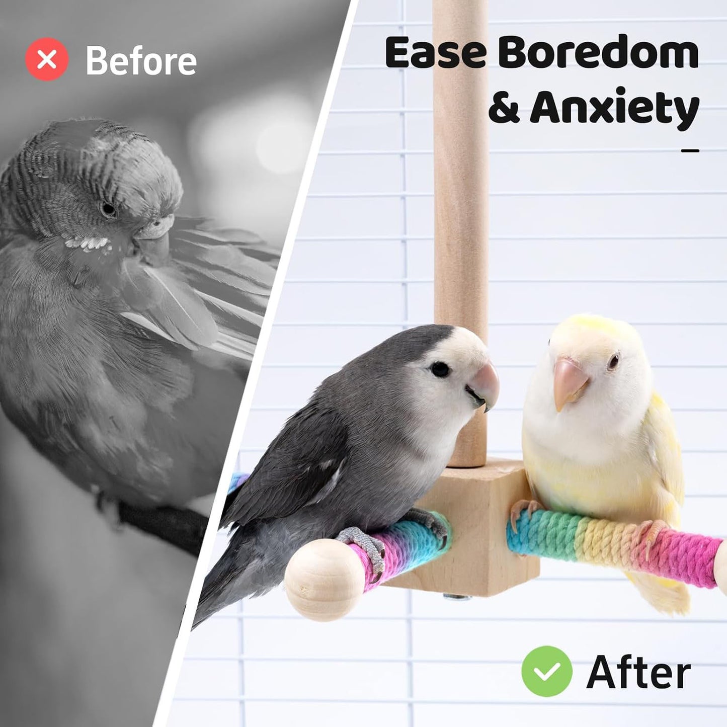 Rywell Wooden Bird Perch Swing Toy for Cage — 360° Silent Free-Spin, Anxiety & Boredom Relief for Parrots, Parakeets, Cockatiels & Small to Medium Birds