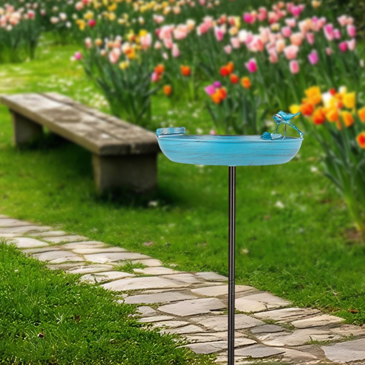 Rywell Outdoor Iron Art Birdbath Bird Feeder Bowl Simple Assembly Strong Load Bearing