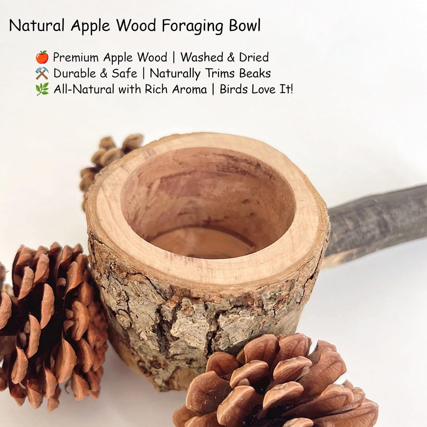 Rywell Bird Perch with Safe Bowl & Pinecones — 100% Natural Wooden Chew Toy for Cockatiels, Conures, Budgies, Lovebirds & Parakeets, Foraging & Oral Health Birdcage Accessory