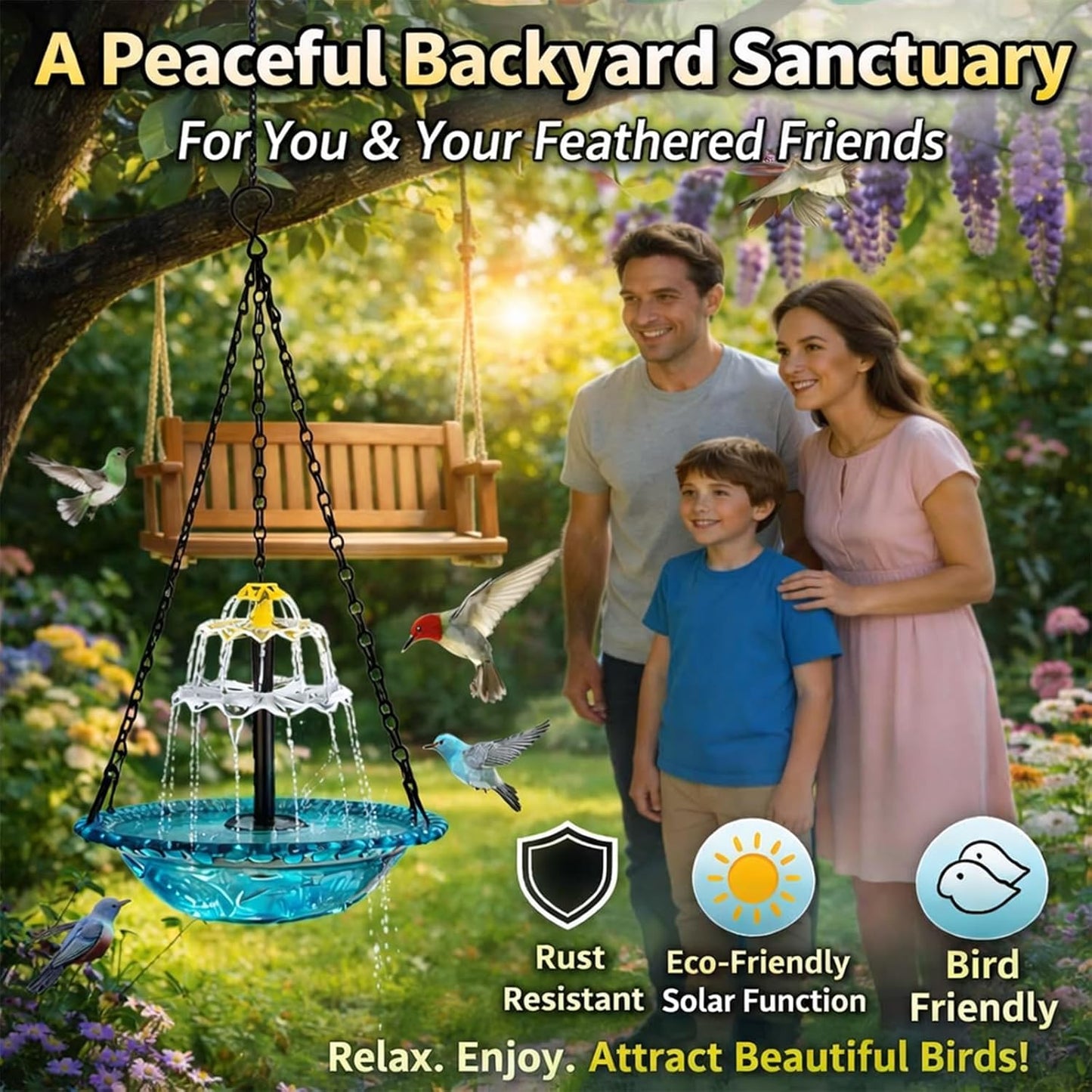 Rywell Solar Hanging Bird Bath Fountain – Outdoor Birdbath with Solar Pump Cascade for Garden, Patio & Backyard Decor