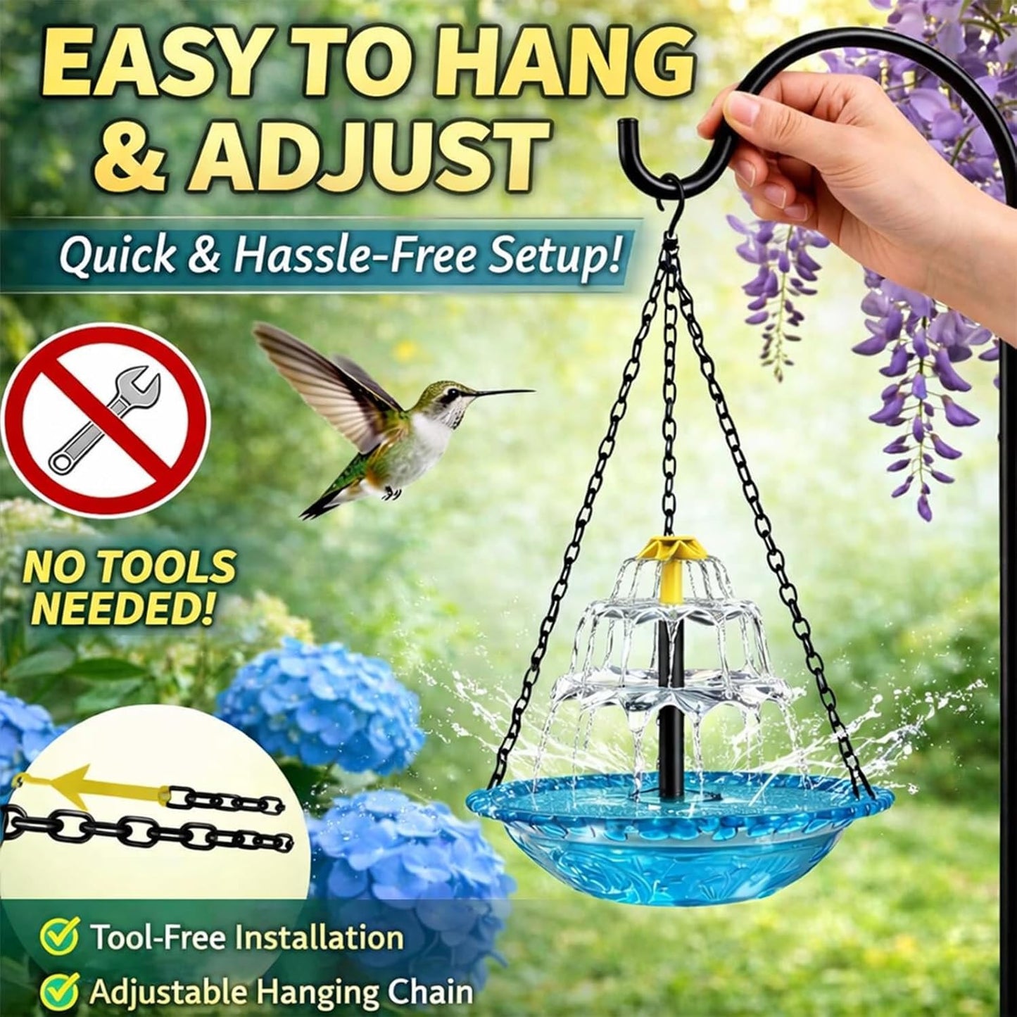 Rywell Solar Hanging Bird Bath Fountain – Outdoor Birdbath with Solar Pump Cascade for Garden, Patio & Backyard Decor