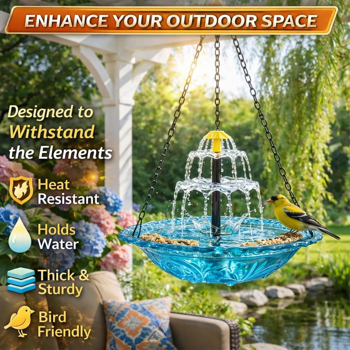 Rywell Solar Hanging Bird Bath Fountain – Outdoor Birdbath with Solar Pump Cascade for Garden, Patio & Backyard Decor