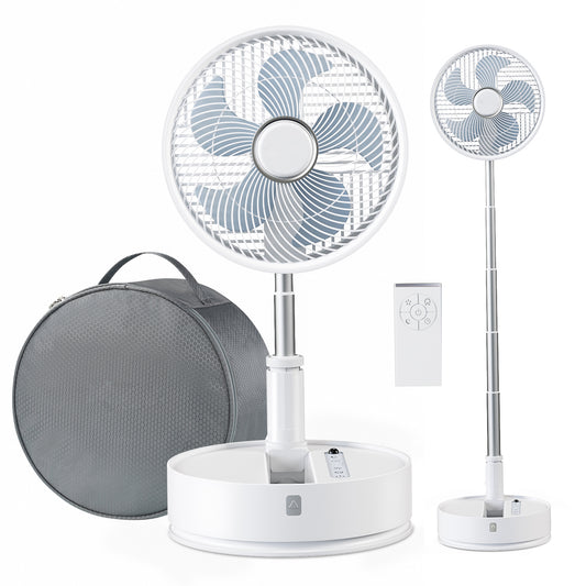 Rywell 10in Foldable Standing Fan, Oscillating 5 Speed Pedestal Fan with Adjustable Height 10-36’’, 7200 mAh Battery Powered Fan with Remote for Bedroom Office Travel