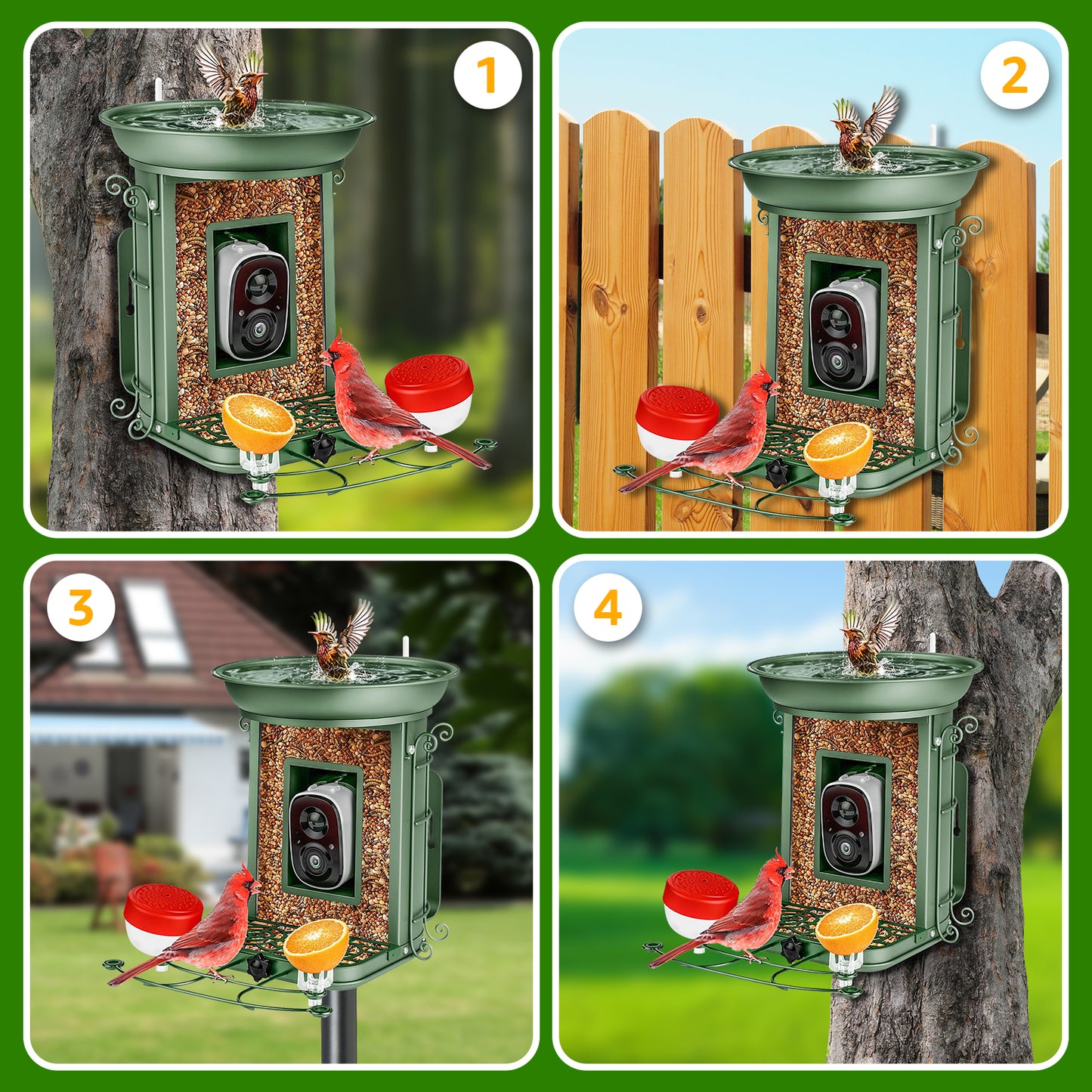 Rywell AI-Powered Solar Smart Bird Feeder – Metal Cage, Portable, Wind & Rain Resistant, with bird bath