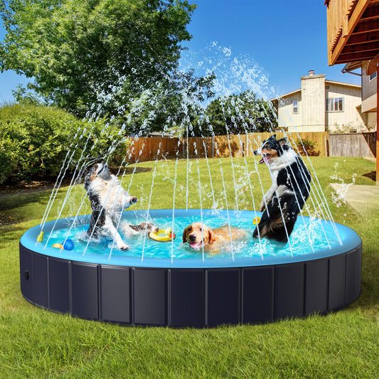 Rywell Dog Pool for Large Dogs, Foldable Pet Wading Pool with Splash Sprinkler, Outdoor Summer Bathtub Heavy Duty for Puppy, Doggie, Cats, Duck -Blue -63 x 12 Inches
