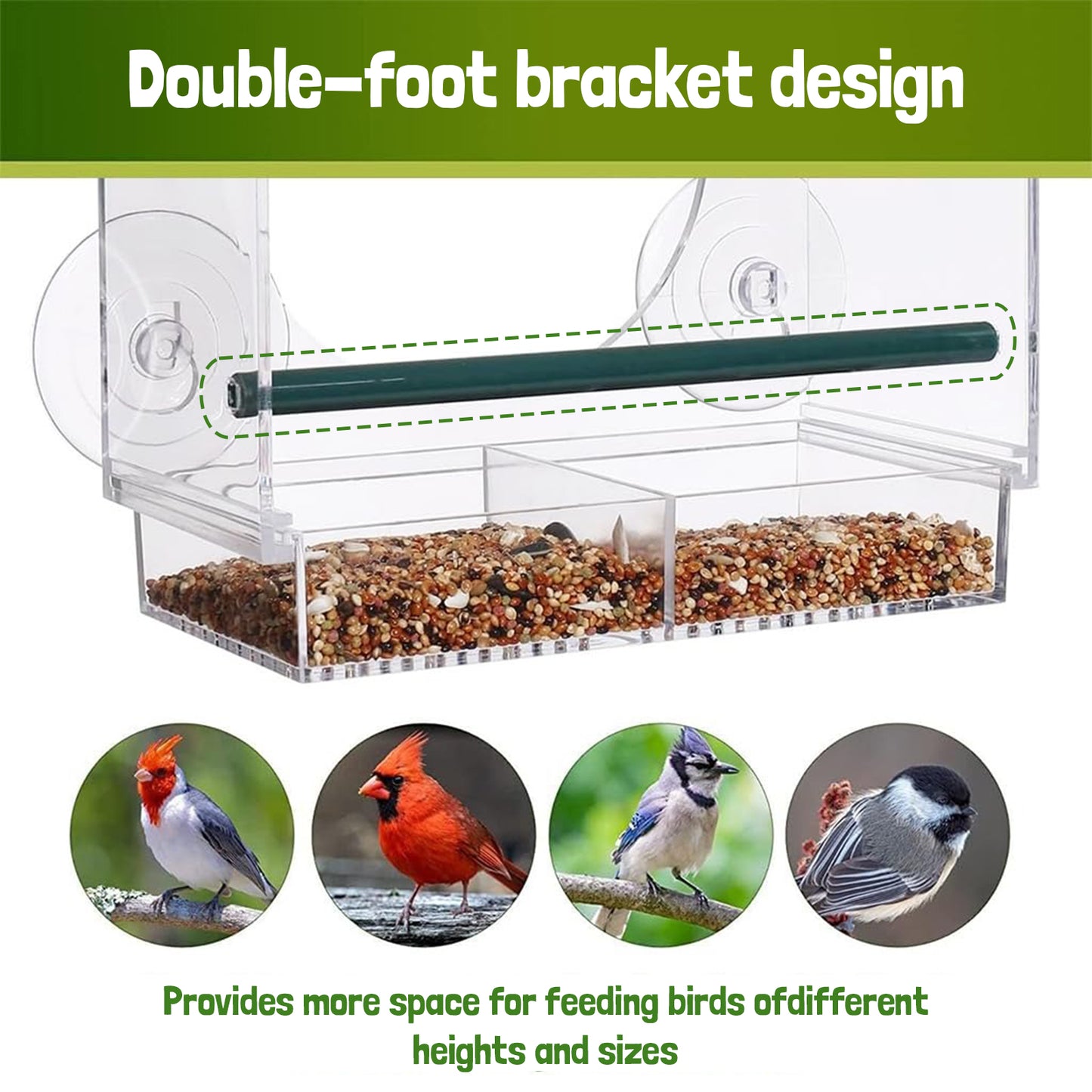Rywell Clear Acrylic Window Bird Feeder with Strong Suction Cups, Removable Seed Tray & Drainage Holes for Wild Bird Watching