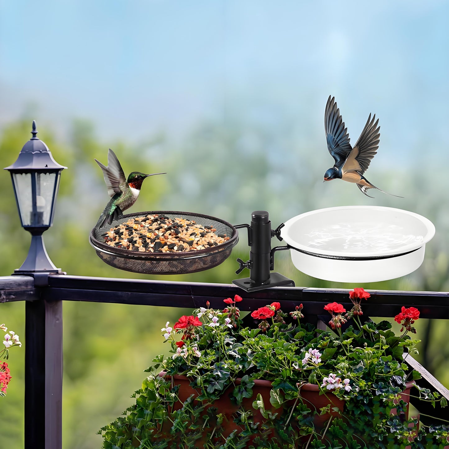 Rywell Deck Bird Feeder & Water Bath – Detachable Balcony & Porch Railing Tray with Metal Mesh and Water Bowl for Attracting Birds