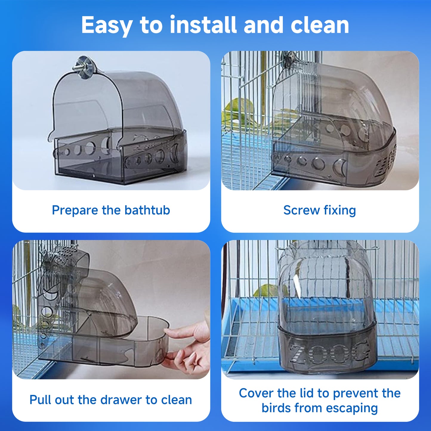 Rywell Bird Bath Cage, Cleaning Pet Supplies Cockatiel Bird Clear Bathtub with Bottom Drawer for Little Bird Parrots Spacious Parakeets Portable Shower for Most Birdcage