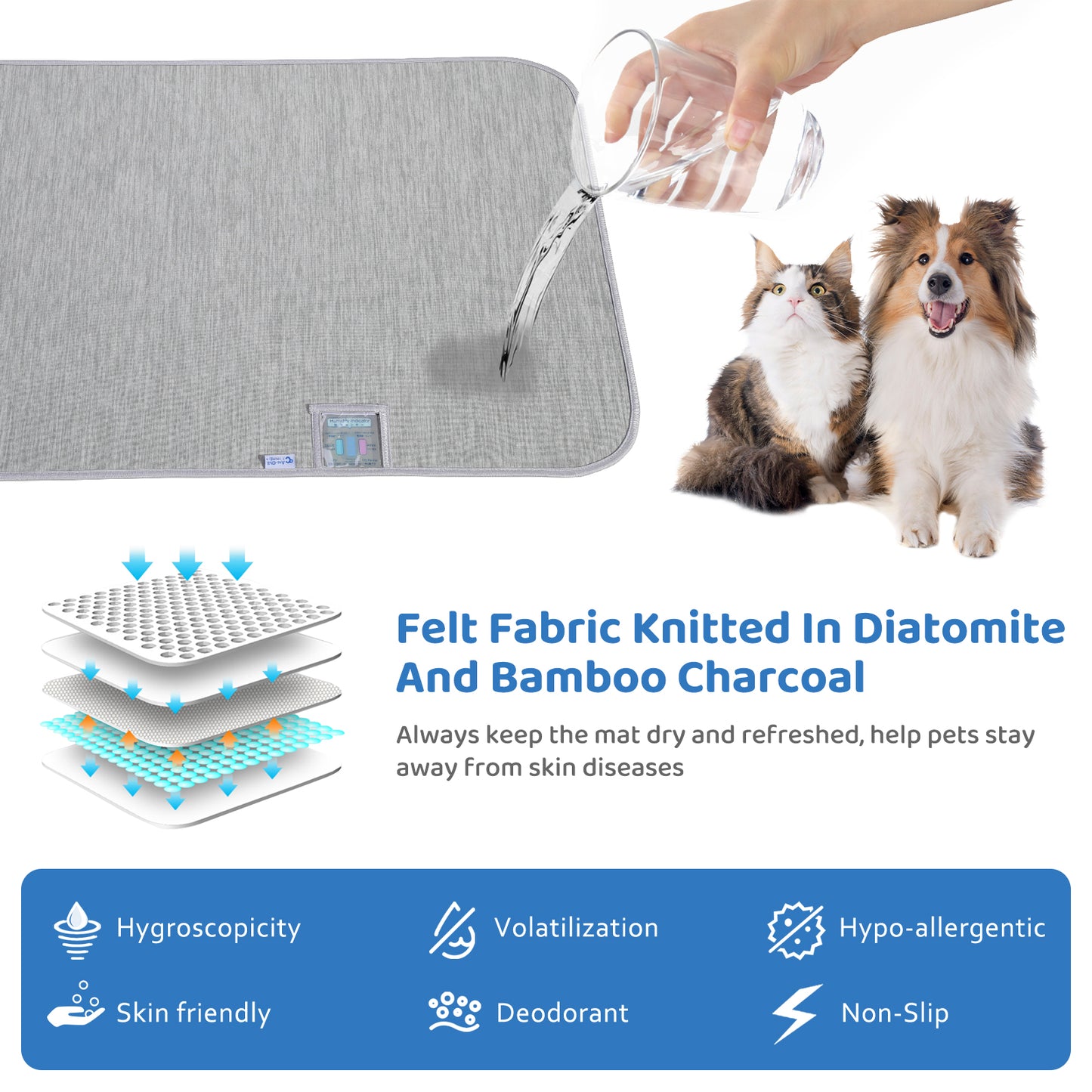 Rywell Pet Reusable Bed Pad Summer Cooling Dogs Mat with Humidity indicator card, Super Absorption Non-toxic Traning Mats Machine Washable & Portable, Indoors & Outdoors - S Grey