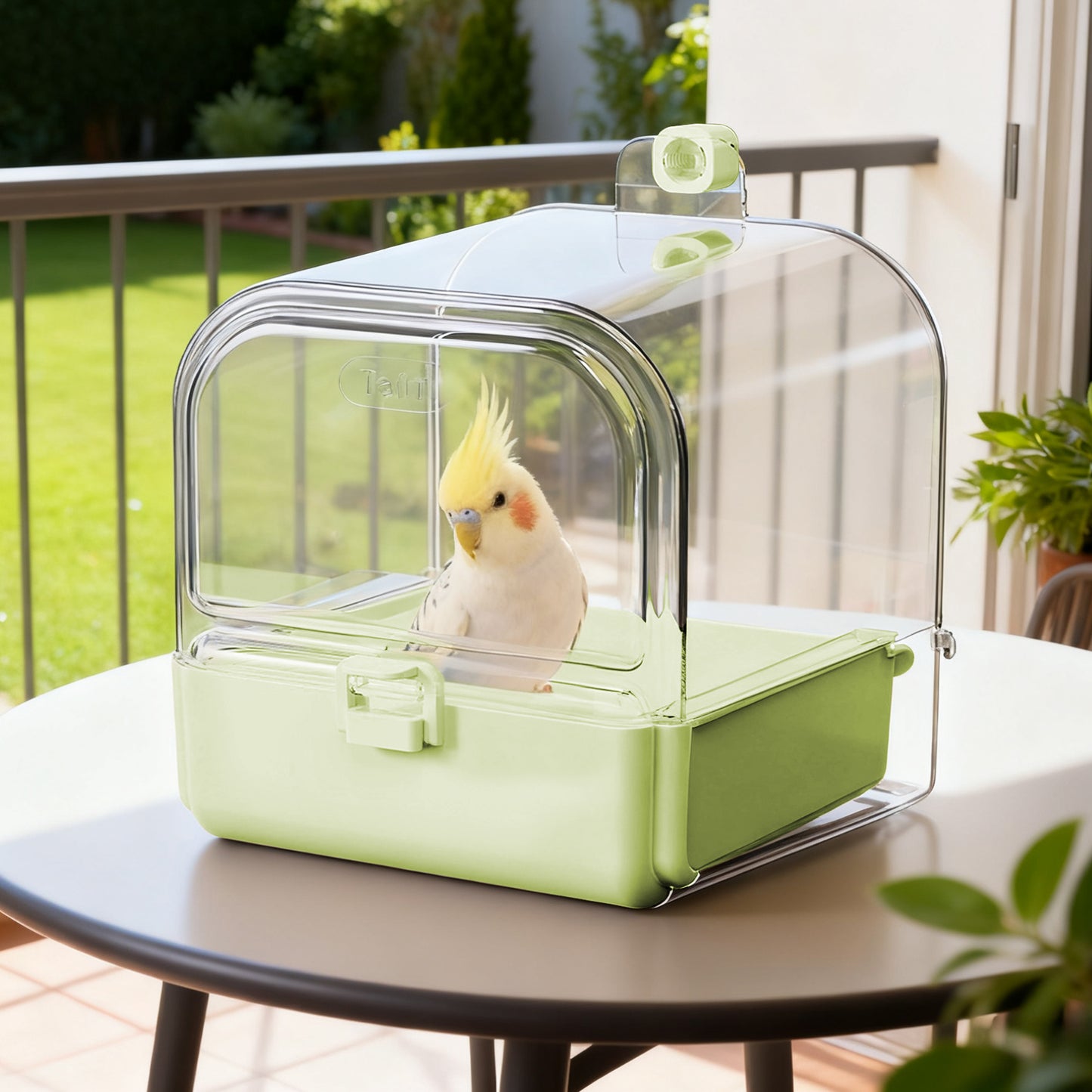 Rywell Hanging Bird Bath for Cage with Bowls & Mesh Bottom - 3-in-1 Multifunction Bird Bath/Bowl/House, Bird Shower for Lovebirds, Finches, Parakeets, Budgies, and Other Small to Medium Birds - Green