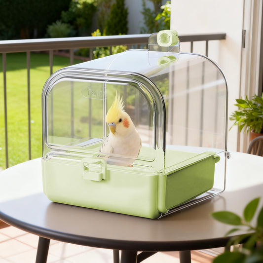 Rywell Hanging Bird Bath for Cage with Bowls & Mesh Bottom - 3-in-1 Multifunction Bird Bath/Bowl/House, Bird Shower for Lovebirds, Finches, Parakeets, Budgies, and Other Small to Medium Birds - Green