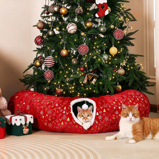 Gonna per albero di Natale Rywell 3 in 1, tunnel per gatti in peluche morbido per gatti da interno che giocano, riposano e si nascondono, tunnel pieghevole per gatti con cuscino accogliente e palline giocattolo, perfetto per decorare l'albero di Natale
