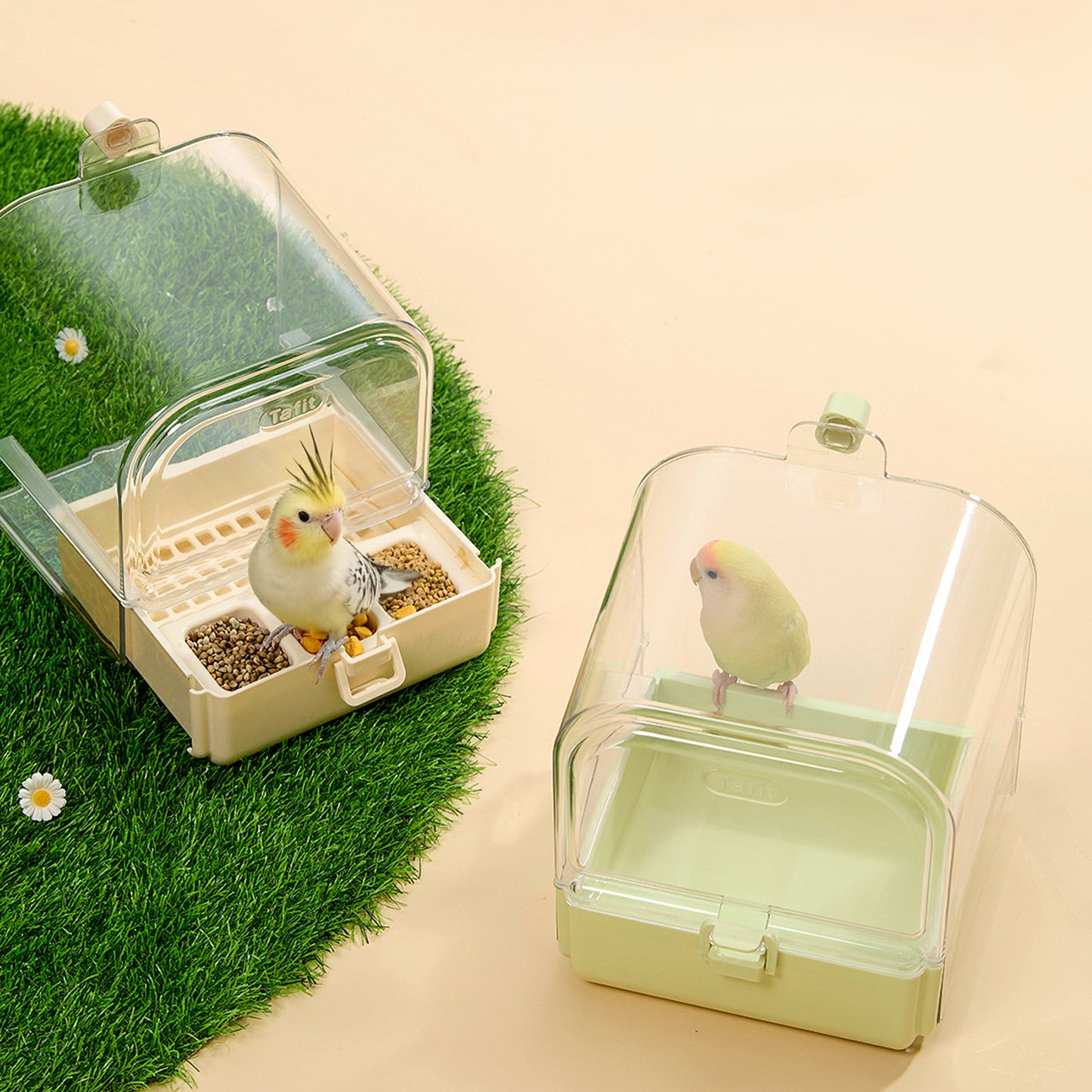 Rywell Hanging Bird Bath for Cage with Bowls & Mesh Bottom - 3-in-1 Multifunction Bird Bath/Bowl/House, Bird Shower for Lovebirds, Finches, Parakeets, Budgies, and Other Small to Medium Birds - Green