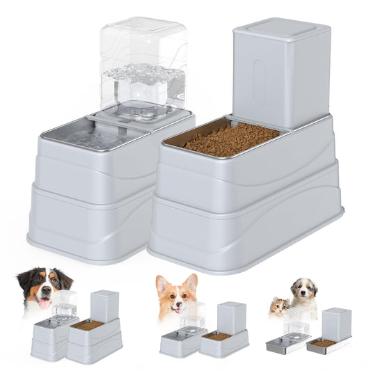 Rywell 4L Gravity Pet Feeder and Water Dispenser Set, Automatic with Stainless Steel Bowls, 3 Height Adjustable for Dogs and Cats