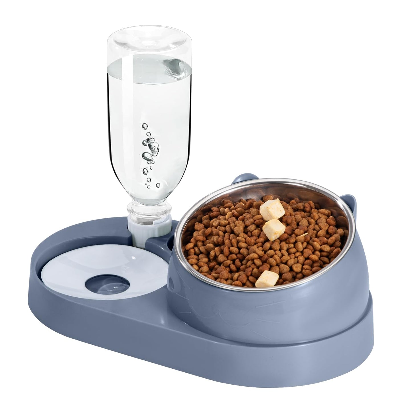 Rywell 2-in-1 Raised Cat Bowl Set with Gravity Water Dispenser, 15° Tilted Elevated Pet Feeder for Cats & Dogs, Anti-Spill Neck Protection Feeding Station