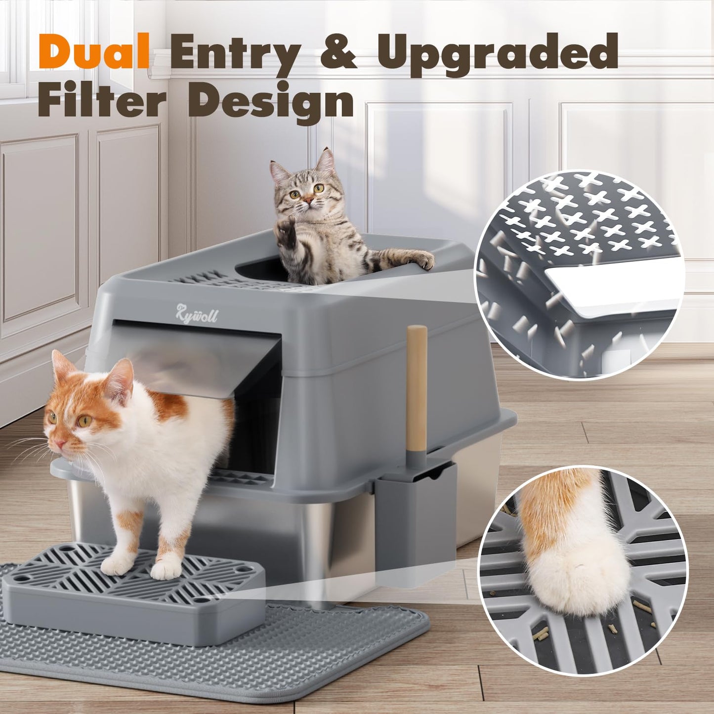 Rywell Stainless Steel Litter Box, Covered XL Extra Large Cat Litter Box Enclosure, Metal Kitty Litter Boxes with Lid, Litter Scoop, Filter Pedal and Litter Mat, Anti-Leakage, Non-Stick, Easy to Clean