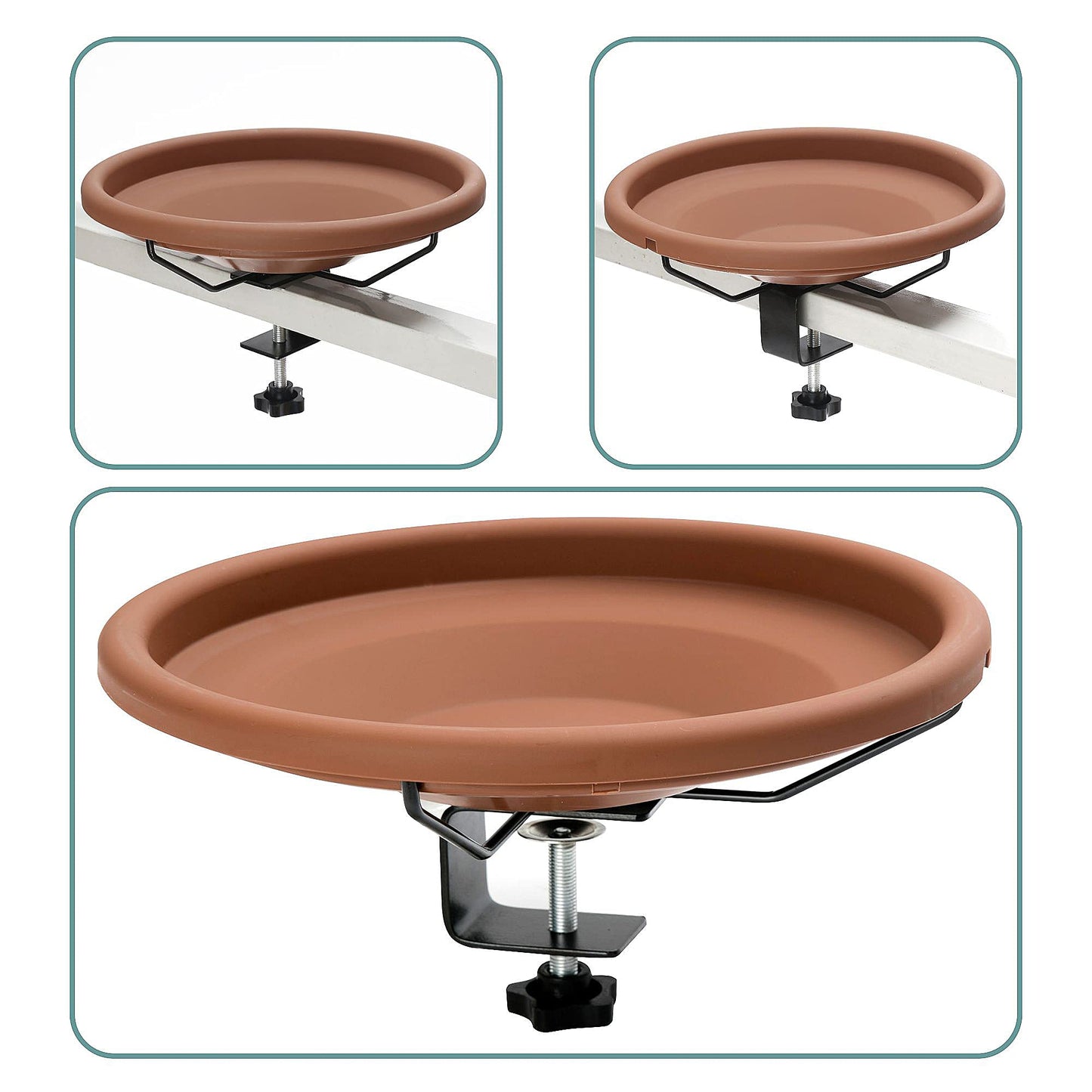 Rywell Bird Bath Deck Mounted Bowl 12 Inches, Balcony Railing Birdbaths Unheated, Bird Bath Fence Clamp Detachable